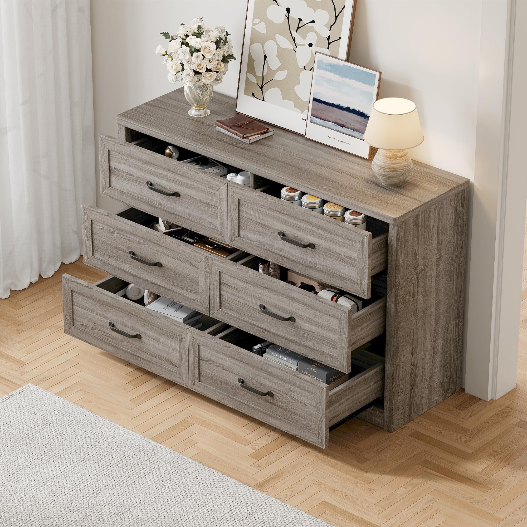 Ball & Cast Farmhouse 6 Drawer Dresser for Bedroom, 47" W Modern Chest of Drawers with Metal Handles, Wood Dresser TV Stand, Dresser Drawer Organizer for Closet, Living Room,Hallway,Gray