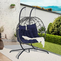KEIKI Double Swing Egg Chair with Stand, Patio Rattan Wicker Hammock Egg Chair with UV Cushion, 2 Person Outdoor Indoor Hanging Basket Chair, 600LBS Capacity for Balcony, Dark Blue and Gray