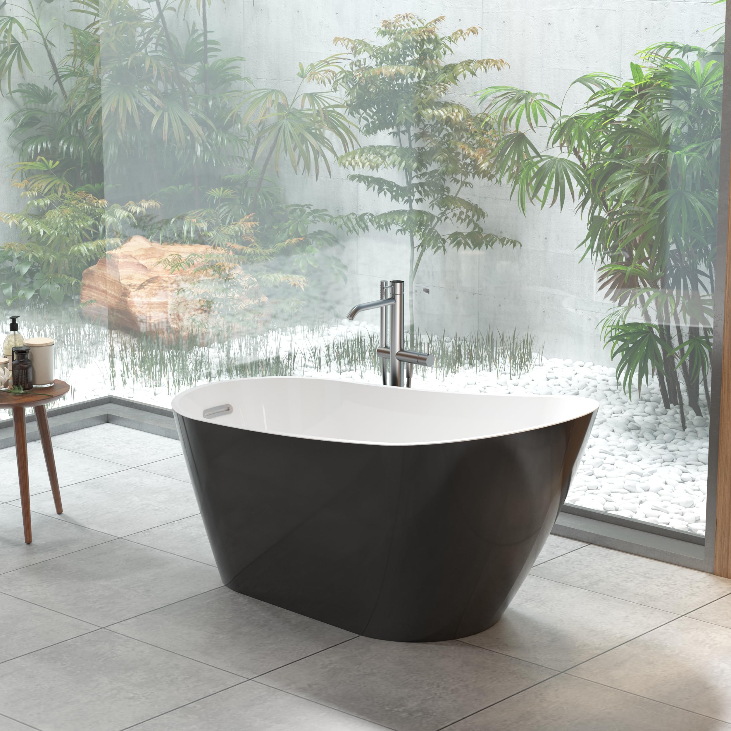 67" Acrylic Freestanding Bathtub, Black Exterior White Interior, Acrylic Stand Alone Tub with Chrome Drain, Spa Bath