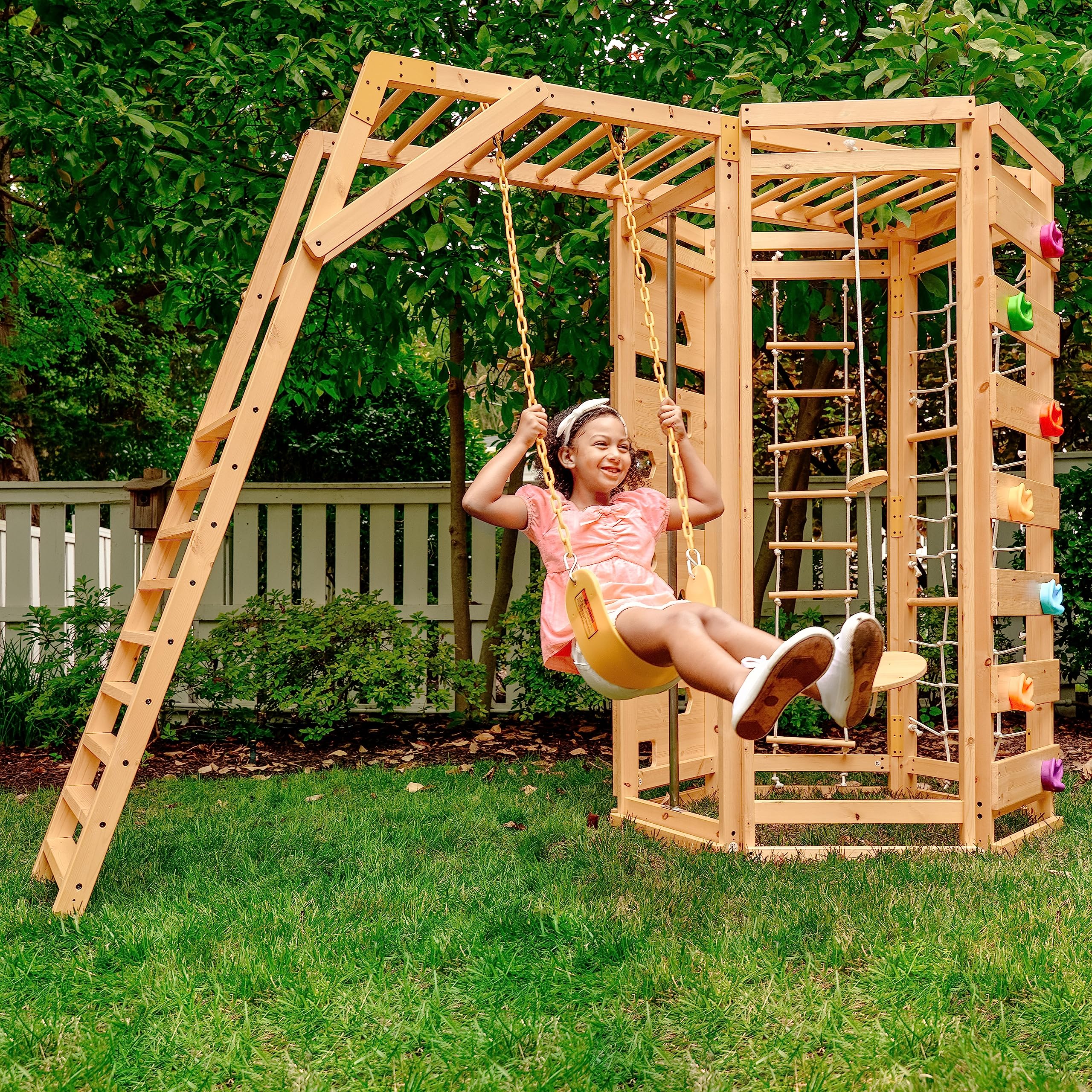 Avenlur Hawthorn 9-in-1 Outdoor Activity Center | Swing, Rock Wall, Monkey Bars | Ages 3-11 | Pine Wood Construction | Climbing Rope, Net Wall | Strength, Coordination, and Imagination-Boosting Fun