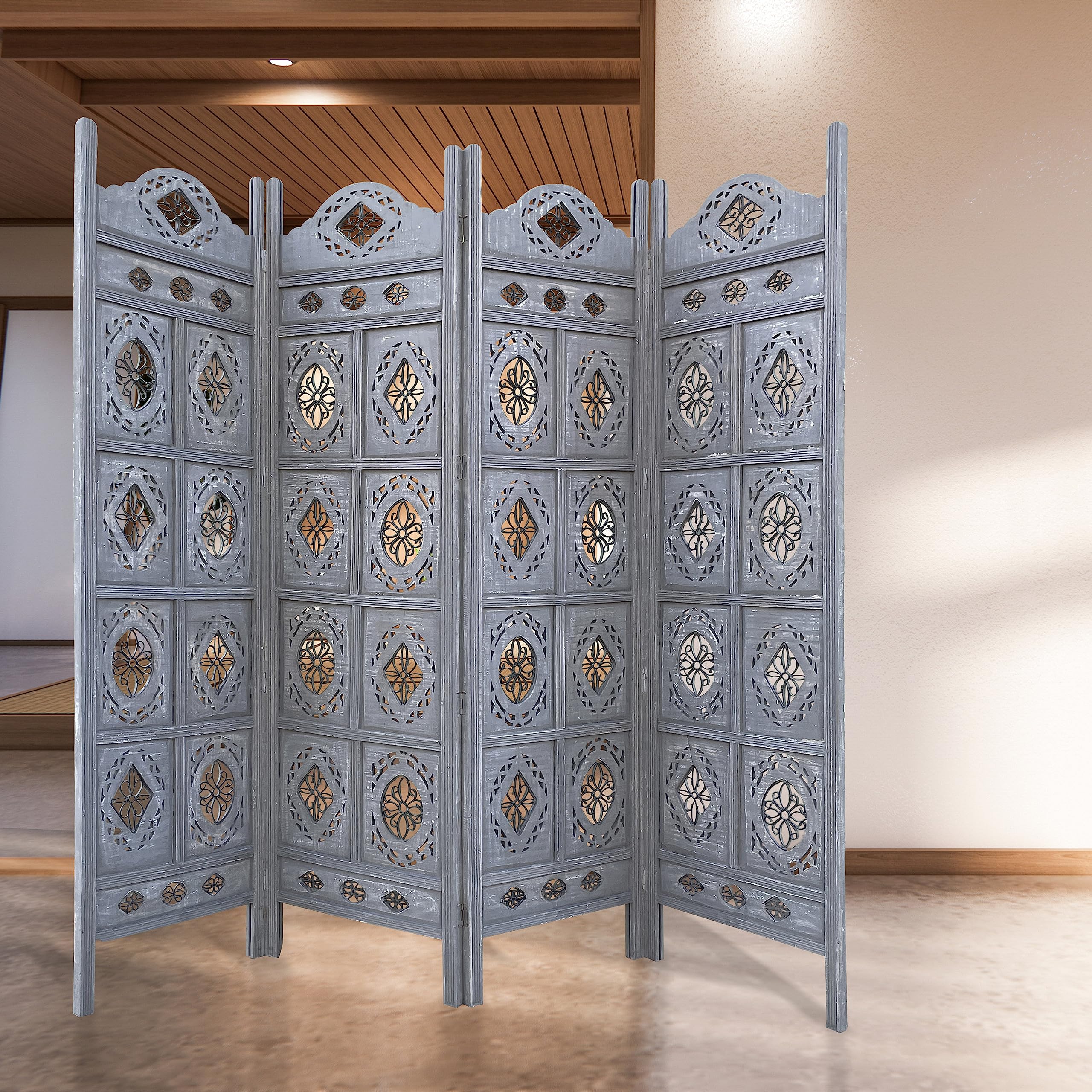 Hand Crafted 4-Panel Wood Divider, Multi-Panel Privacy Screen (Box Floral)