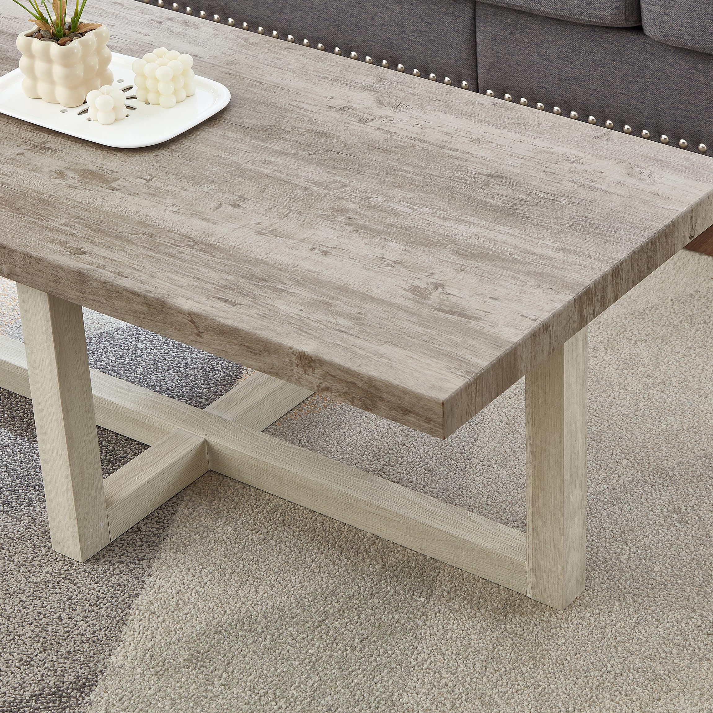 Roundhill Furniture Luno 3-Piece Coffee Table Set, Coffee Table and Two End Tables, Weathered Gray and Beige