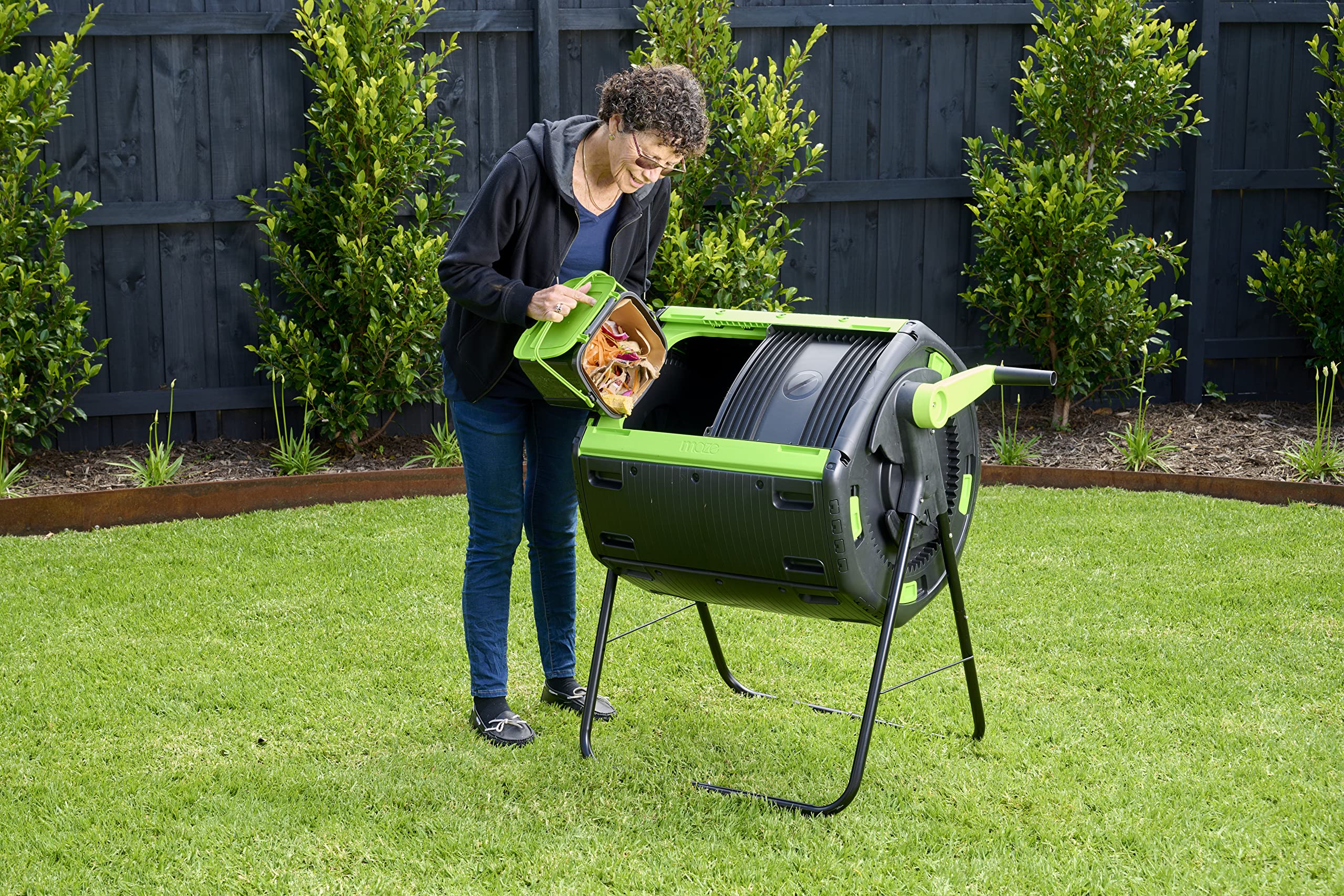 Amazon Exclusive Combo - 48 Gallon Compost Tumbler with Compost Cart, 9 Liter Compost bin, 3 Rolls of Corn Bags and Plant Caddy