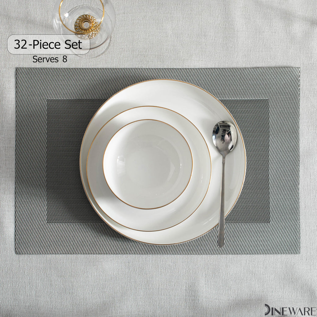 Perlaceo Luxurious Collection of 32-Piece White with Gold Rim Bone China Dinnerware Set - Lightweight and Durable - Service for 8, Including Dinner Plates, Salad Plates, and Cereal or Soup Bowls