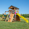Backyard Discovery Endeavor Cedar Wood Swing Set with Wave Slide, Play Deck, Double Rock Wall, Rope Ladder, Climbing Wall, Belt Swings, 40-Inch Web Swing, Step Ladder, Toy Telescope, Outdoor Playset