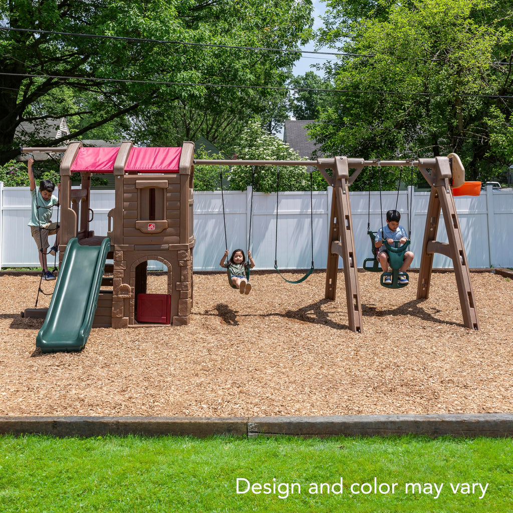 Step2 Naturally Playful Adventure Lodge Play Center with Glider, Kids Outdoor Playset, Two Tier Backyard Playground Set, Slide, Swings, Rope Ladder, Basketball Hoop, Jungle Gym, Children 3-8 Years Old