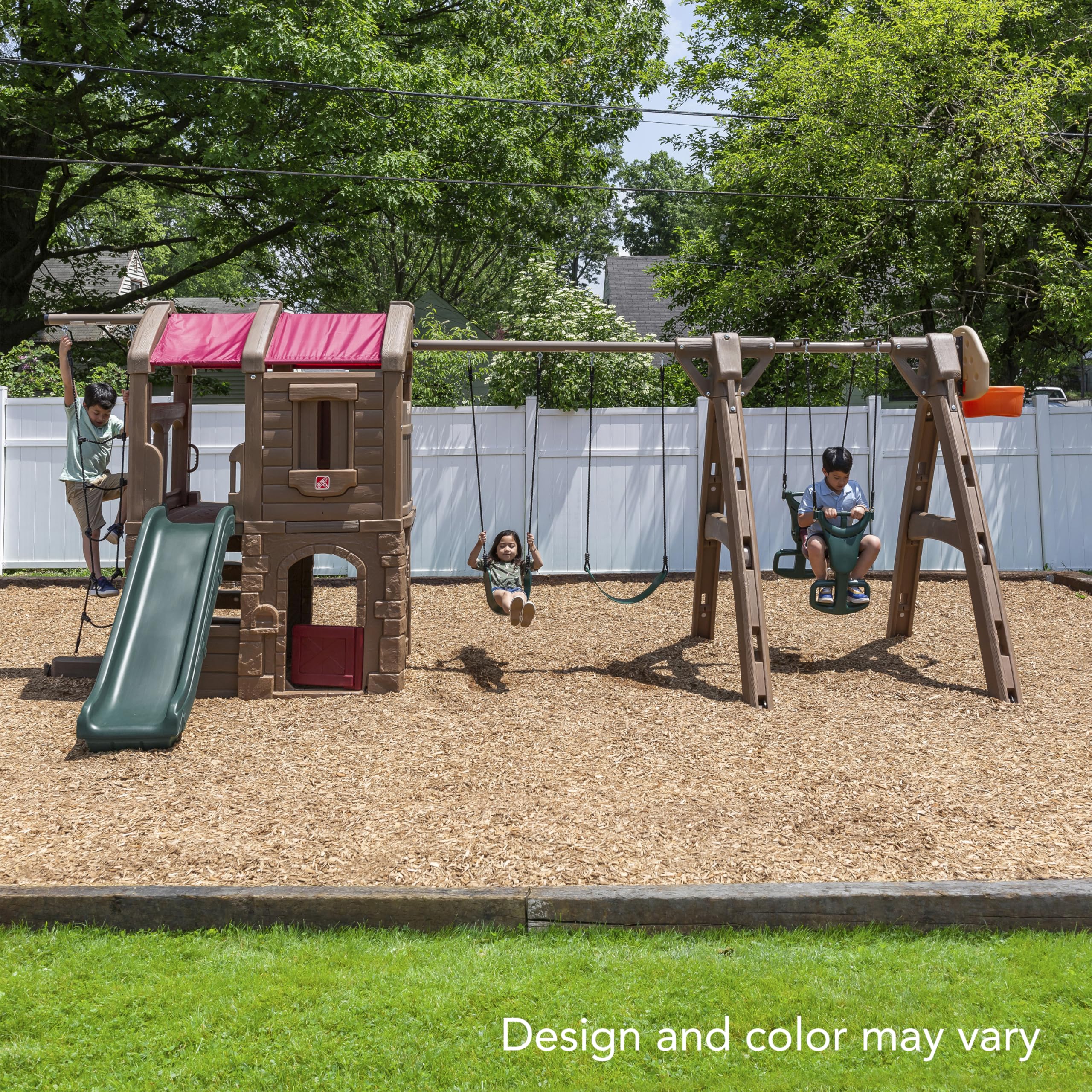 Step2 Naturally Playful Adventure Lodge Play Center with Glider, Kids Outdoor Playset, Two Tier Backyard Playground Set, Slide, Swings, Rope Ladder, Basketball Hoop, Jungle Gym, Children 3-8 Years Old