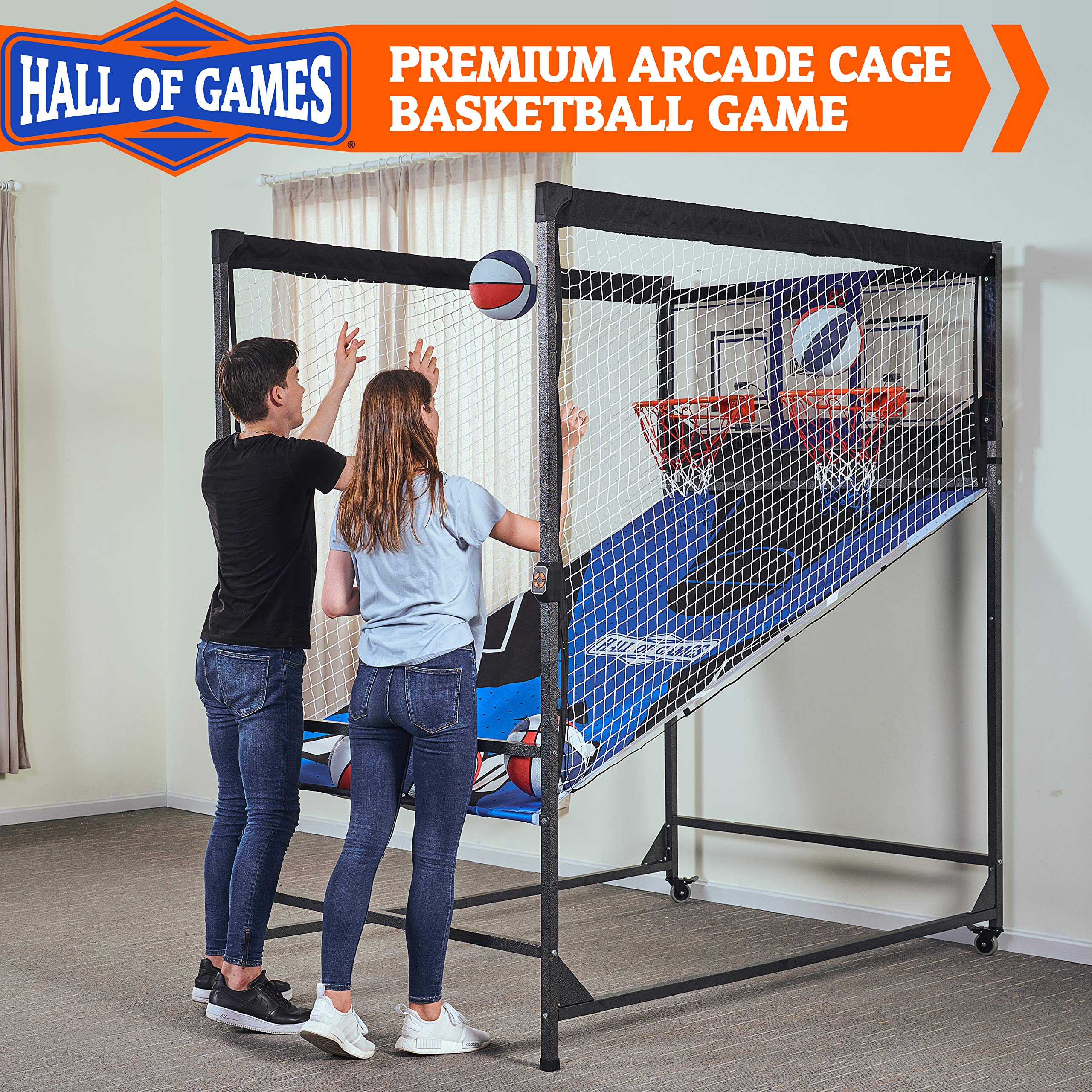 Hall of Games Premium Arcade Cage Basketball Game with Steel Frame and Polycarbonate Backboard, Dual Shot LED Scoring with 6 Size 8.5 Inch Basketballs