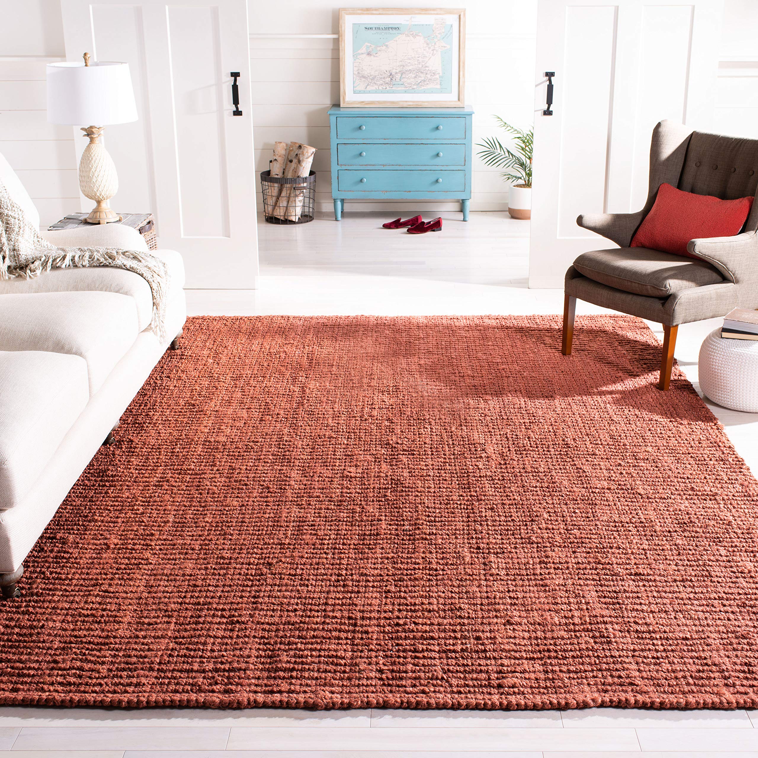 SAFAVIEH Area Rug 8x10 - Natural Fiber Collection - Large - Rust, Handmade Jute, Farmhouse Style, Chunky Textured Thick Pile (NF447C)