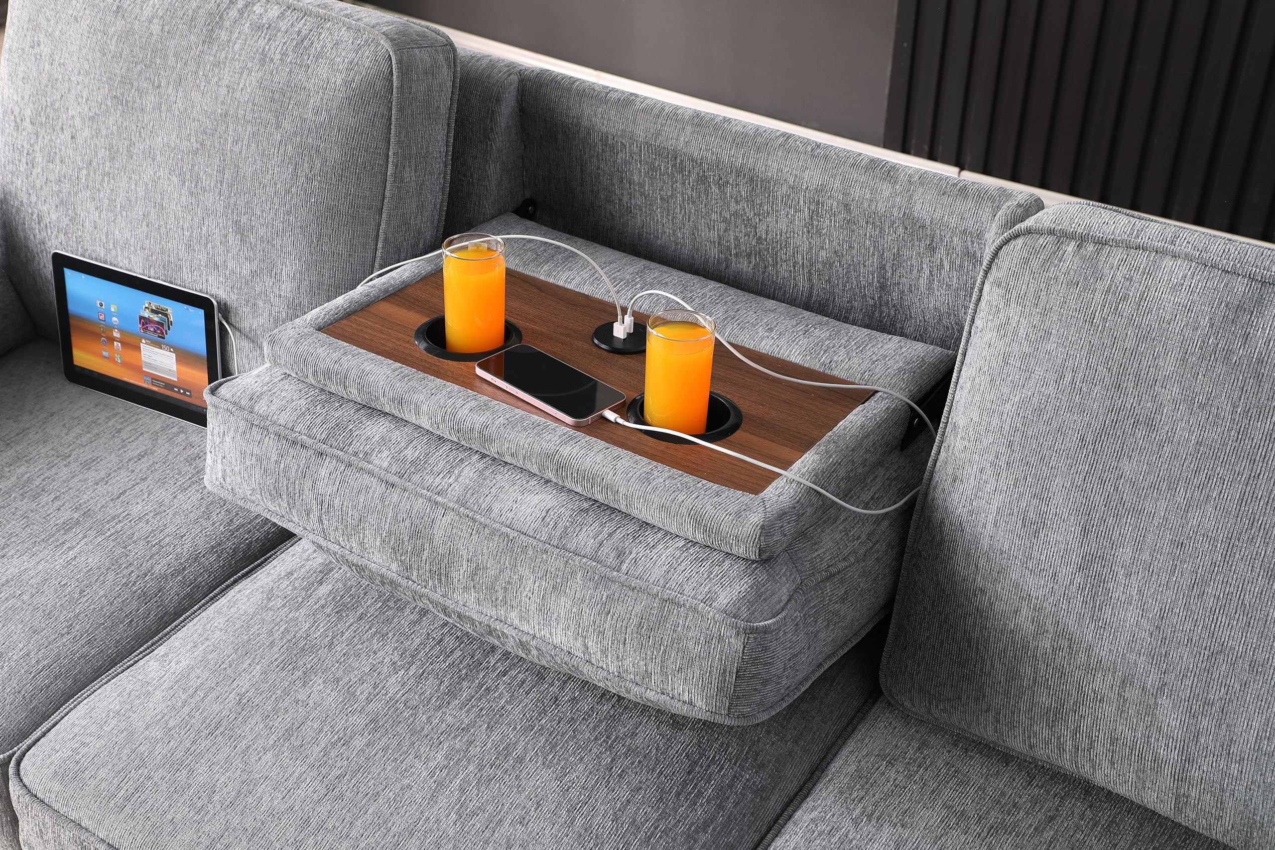 ERYE L-Shaped Pull Out Sleeper Couch Bed, Modern Chenille Upholstered Button Tufted Corner Couch Reversible Sectional Sleeper Sofa Bed W/Storage Chaise, Cup Holders