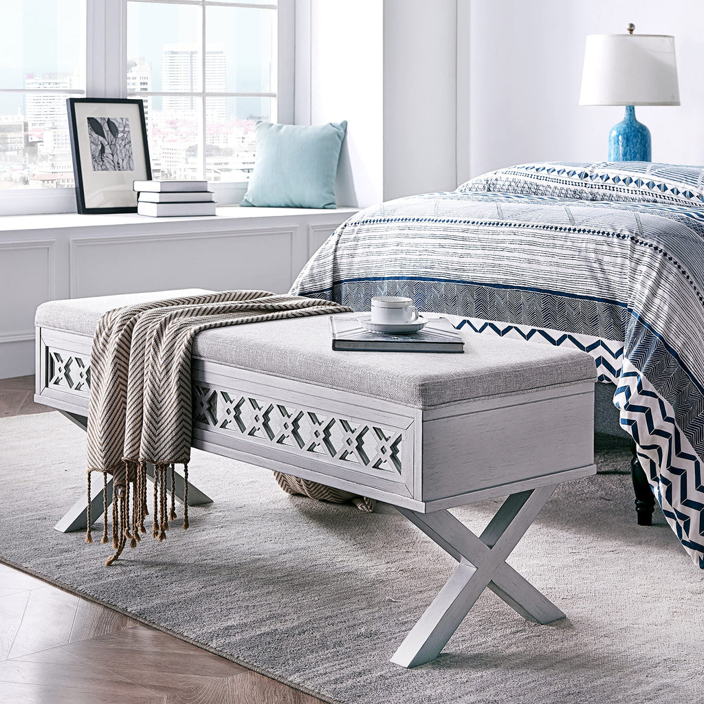Leick Home 10142-SV Mirrored Diamond Filigree X Base Lift Top Bench with Storage for Bedroom or Foyer, Silver Leaf