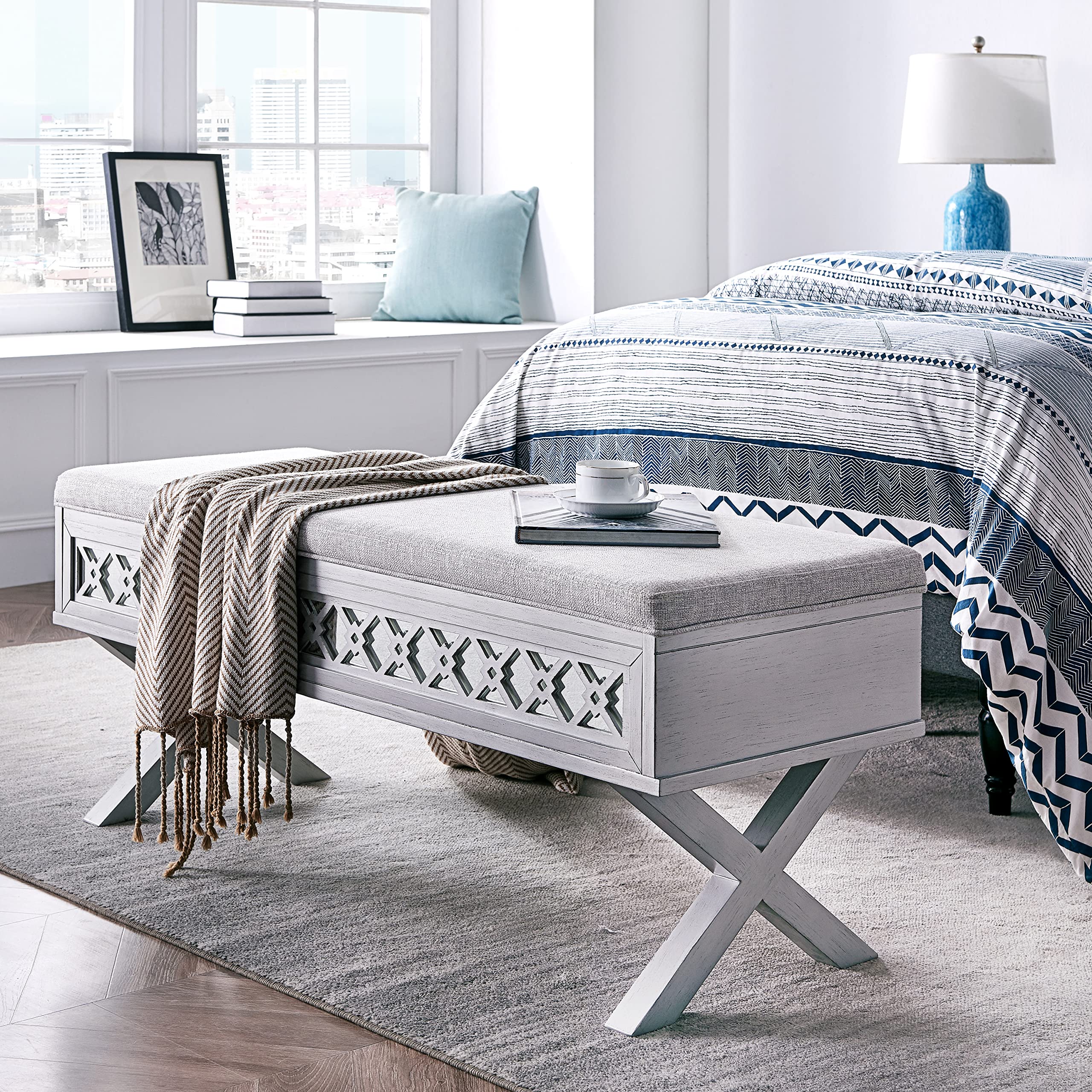 Leick Home 10142-SV Mirrored Diamond Filigree X Base Lift Top Bench with Storage for Bedroom or Foyer, Silver Leaf