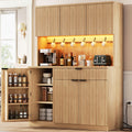 Jocoevol Fluted Kitchen Pantry Storage Cabinet with Charging Station/LED Light/Doors/Shelves, 71'' Tall Kitchen Food Hutch with Microwave Stand for Dining Room Living Room (Natural, 41 * 15.7 * 71)