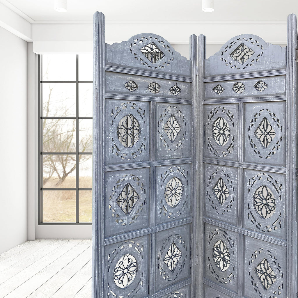 Hand Crafted 4-Panel Wood Divider, Multi-Panel Privacy Screen (Box Floral)