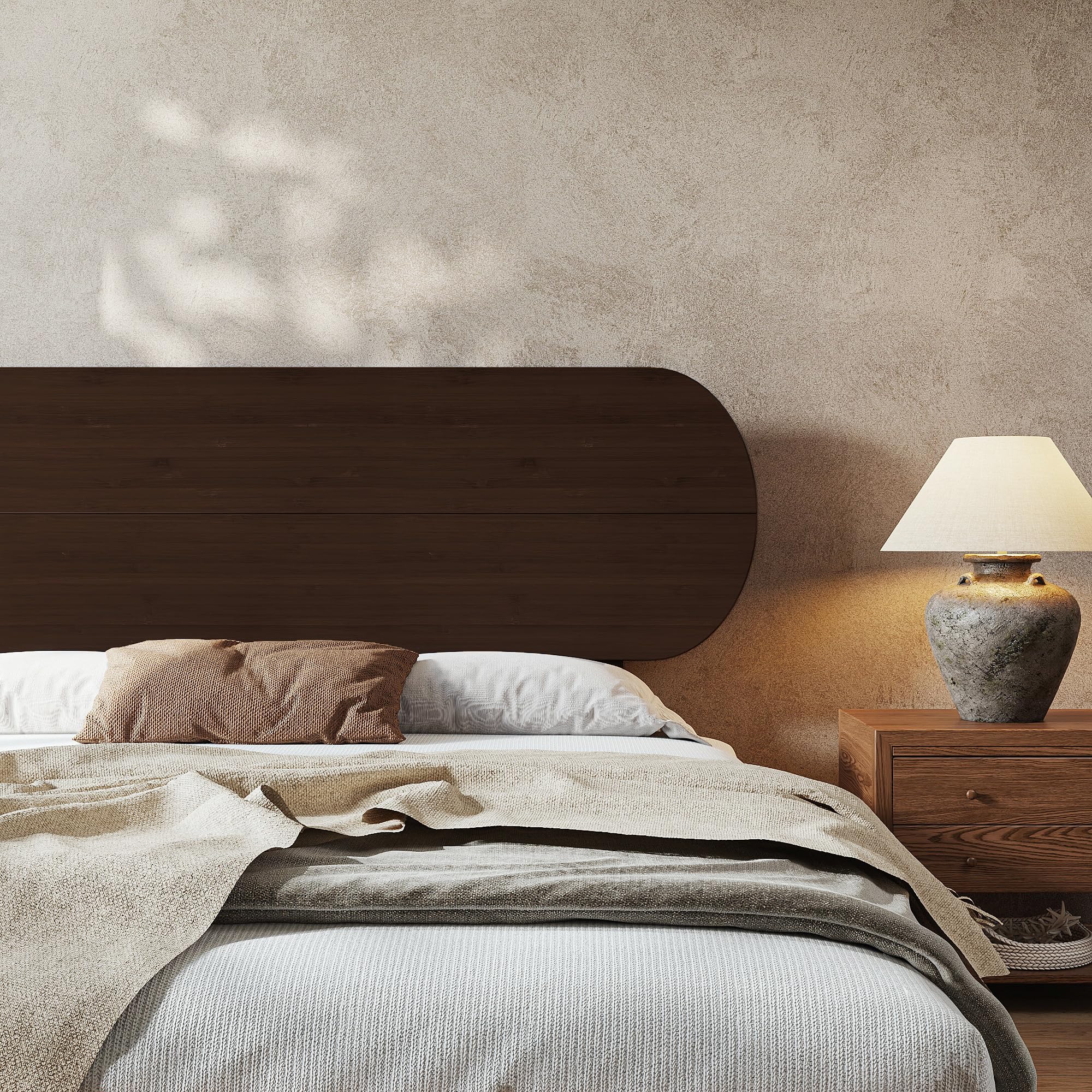 KEIKI Queen Size Bamboo Platform Bed with Round Shape Headboard, Mid-Century Modern Floating Bed Frame with Solid Support Slats, No Box Spring Needed, Easy Assembly, Noise Free, for Bedroom, Espresso