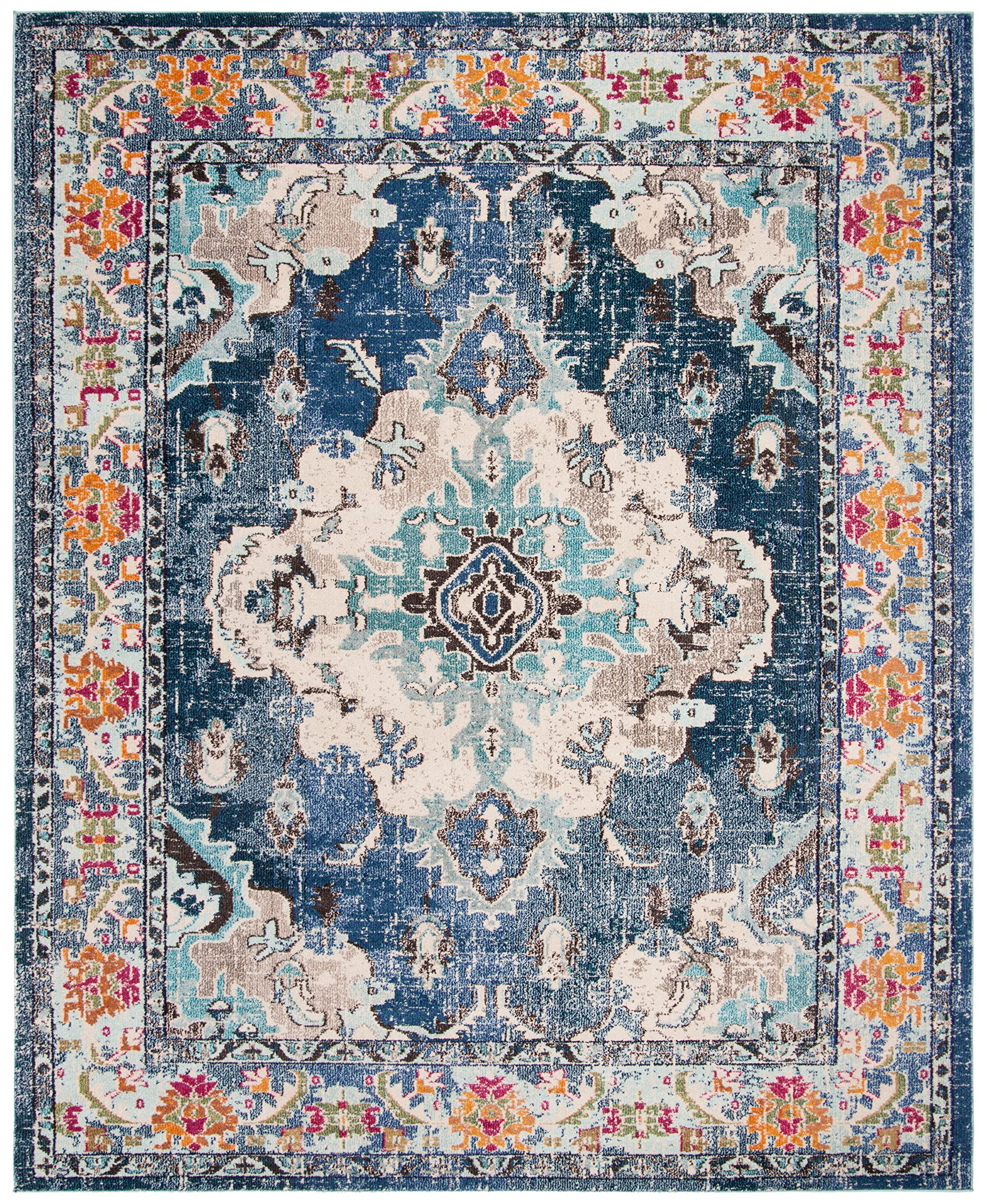 SAFAVIEH Monaco Collection Area Rug - 9' x 12', Navy & Light Blue, Non-Shedding & Easy to Clean, Distressed Medallion Design, Ideal for Living Room, Bedroom, Dining Space (MNC243N)