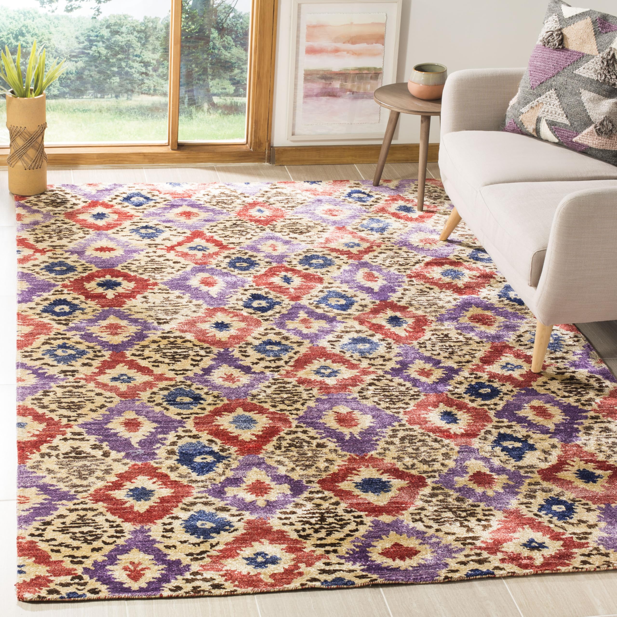SAFAVIEH Luxor Collection Area Rug - 6' x 9', Purple & Rust, Handmade Ikat Design Banana Silk, Ideal for High Traffic Areas in Living Room, Bedroom (LUX161A)