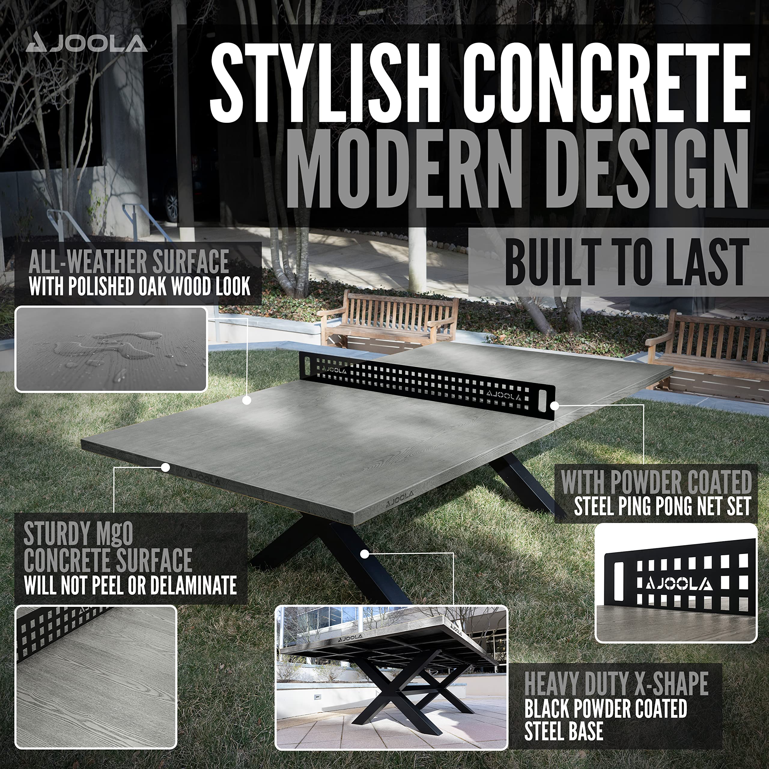 JOOLA Berkshire Outdoor Table Tennis Table - Multi Use Conference Table Dining Table - Concrete Gray Wood Look Includes Steel Outdoor Ping Pong Net Set & Frame - Hybrid Indoor Outdoor Ping Pong Table