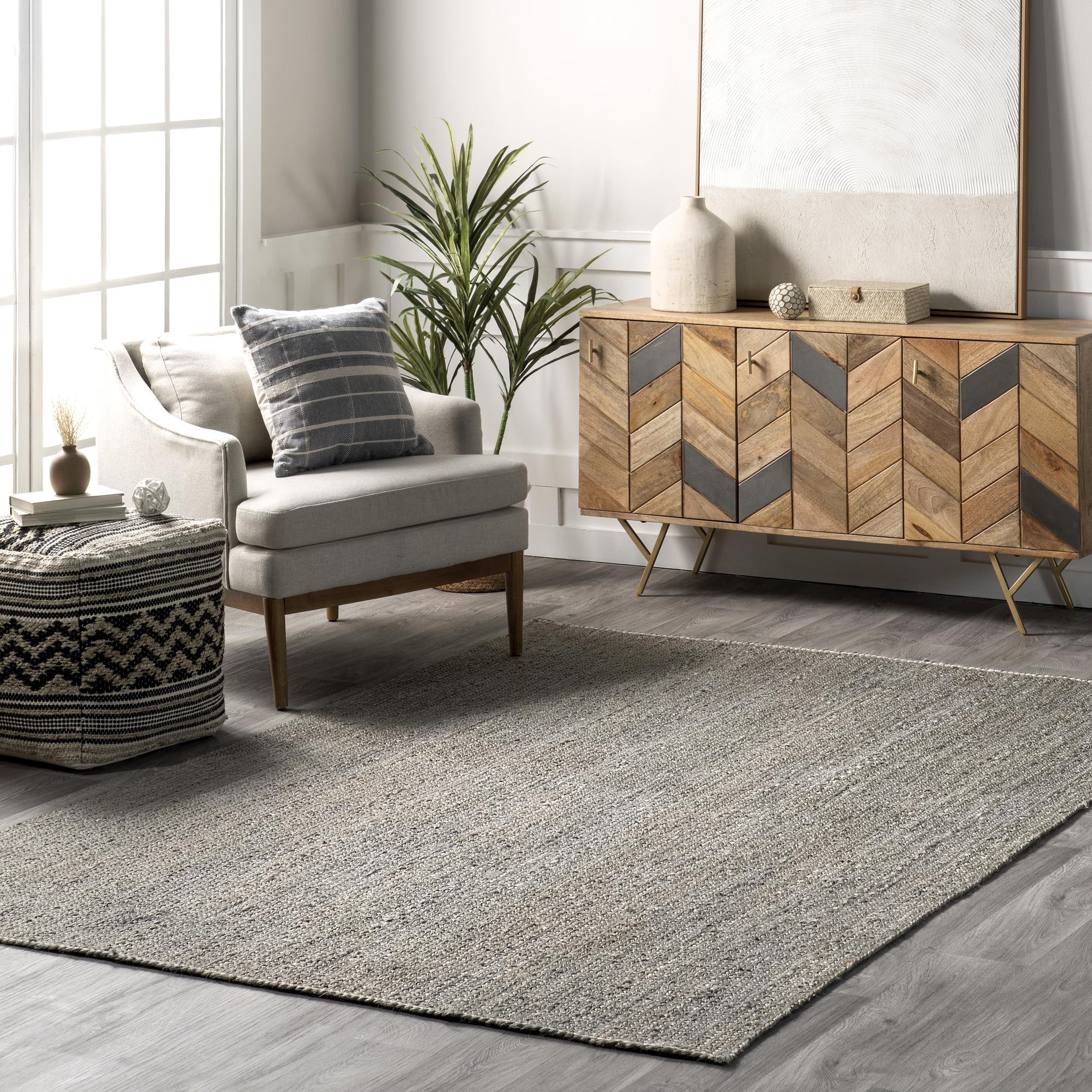 nuLOOM 9x12 Rigo Jute Hand Woven Area Rug, Grey, Solid Farmhouse Design, Natural Fiber, For Bedroom, Living Room, Dining Room, Hallway, Office, Kitchen, Entryway