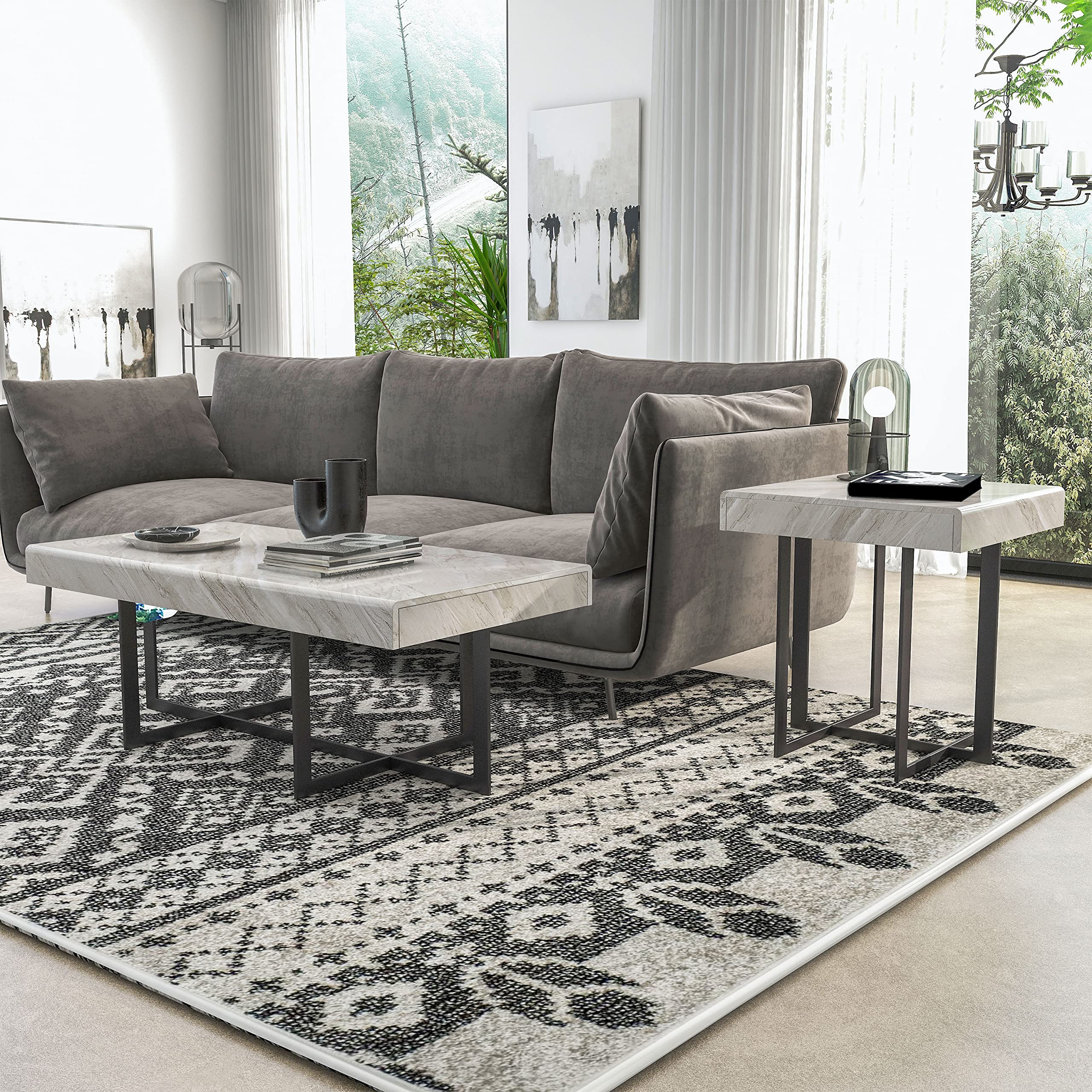 Furniture of America Willy Modern Storage Faux Marble Top 2-Piece Coffee and End Table Set for Living Room, Gray