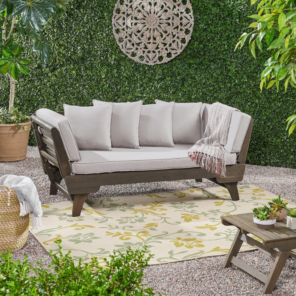 Christopher Knight Home Gary Patio Convertible Couch, Wooden Outdoor Daybed, 3-Seater Acacia Wood Patio Furniture Lounge Sofa for Backyard/Poolside/Garden, Back Pillow+Removable Cushion, Grey