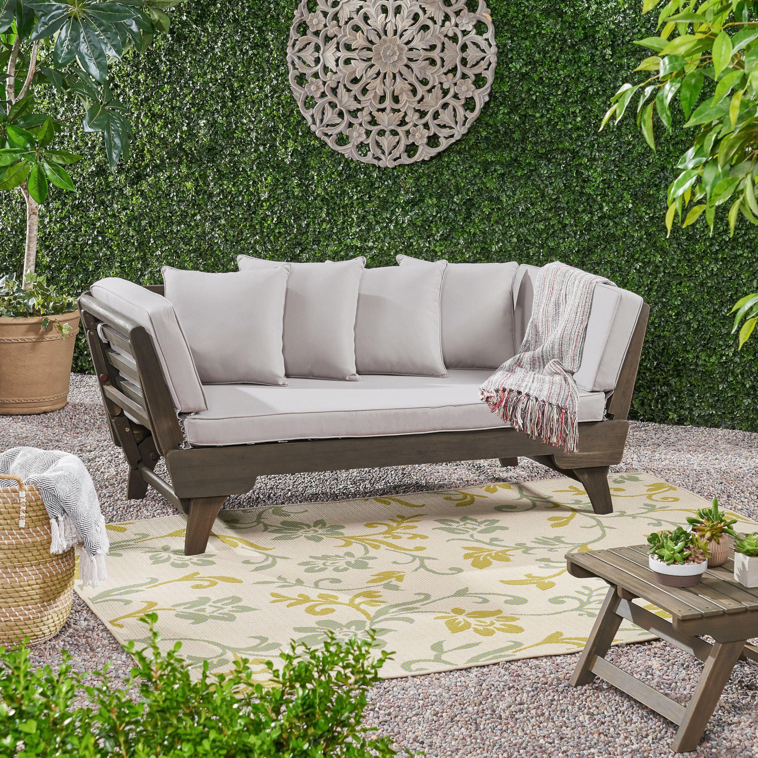 Christopher Knight Home Gary Patio Convertible Couch, Wooden Outdoor Daybed, 3-Seater Acacia Wood Patio Furniture Lounge Sofa for Backyard/Poolside/Garden, Back Pillow+Removable Cushion, Grey
