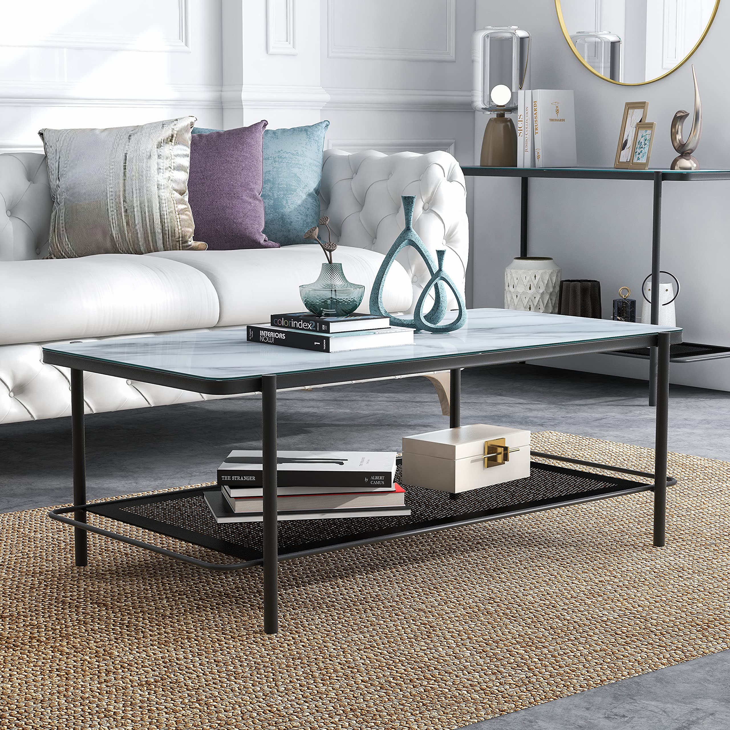 Furniture of America Basil Industrial 1-Shelf, Faux Marble Top Steel 48 in. Rectangle Coffee Table for Living, Bedroom, Reception Room, Black and White