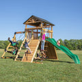 Backyard Discovery Endeavor All Cedar Wood Swing Set Playset for Backyard with Large Clubhouse Wave Slide Rope Ladder Rock Climbing Wall Wave Slide 2 Belt Swings and 1 Web Swing Gift for Ages 3-10
