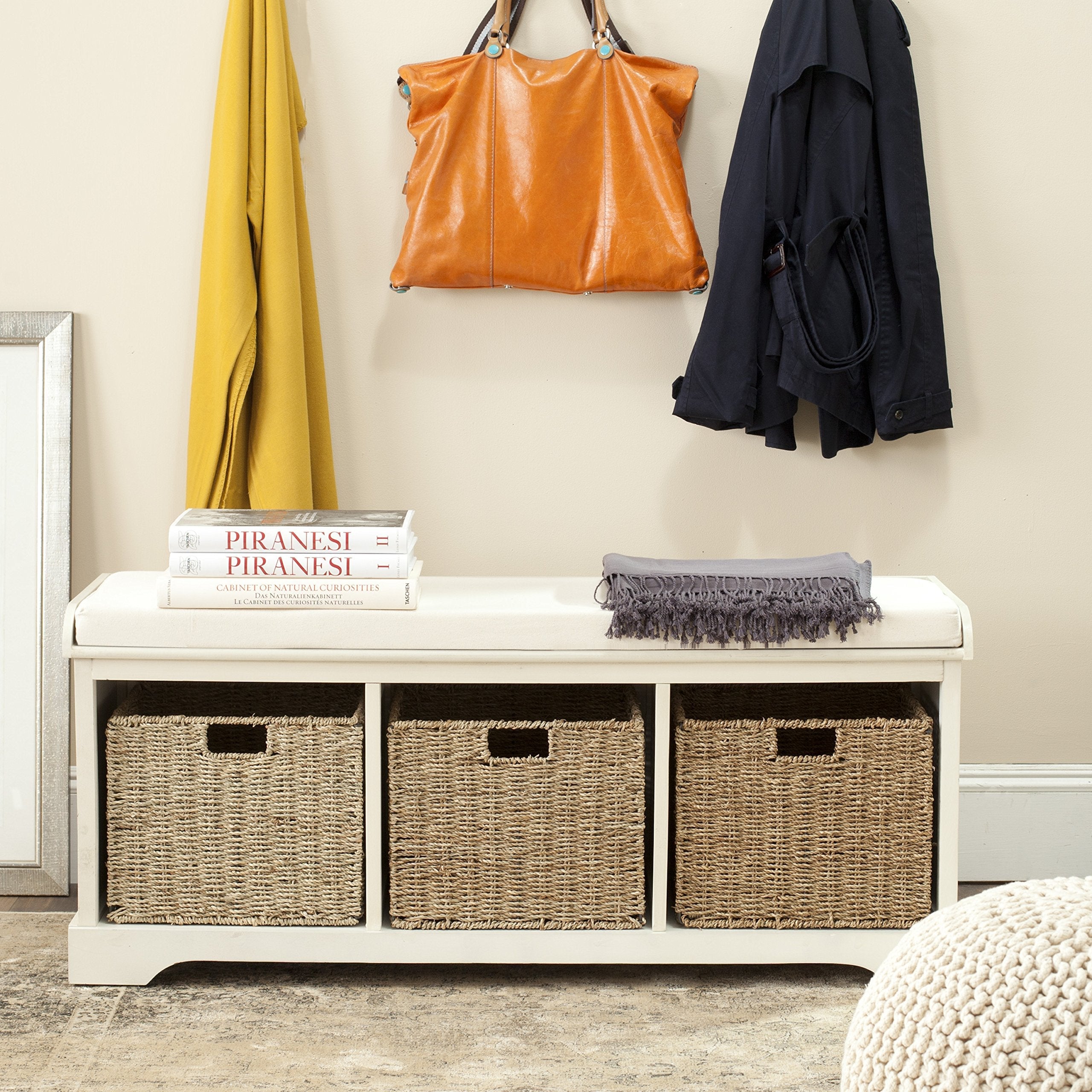SAFAVIEH Furniture - Lonan Storage Bench - Vintage White - Solid Wood - Farmhouse Lift-Top Design - Ideal for Entryway, Living Room, Hallway, 18" Seat Height (AMH5733C)