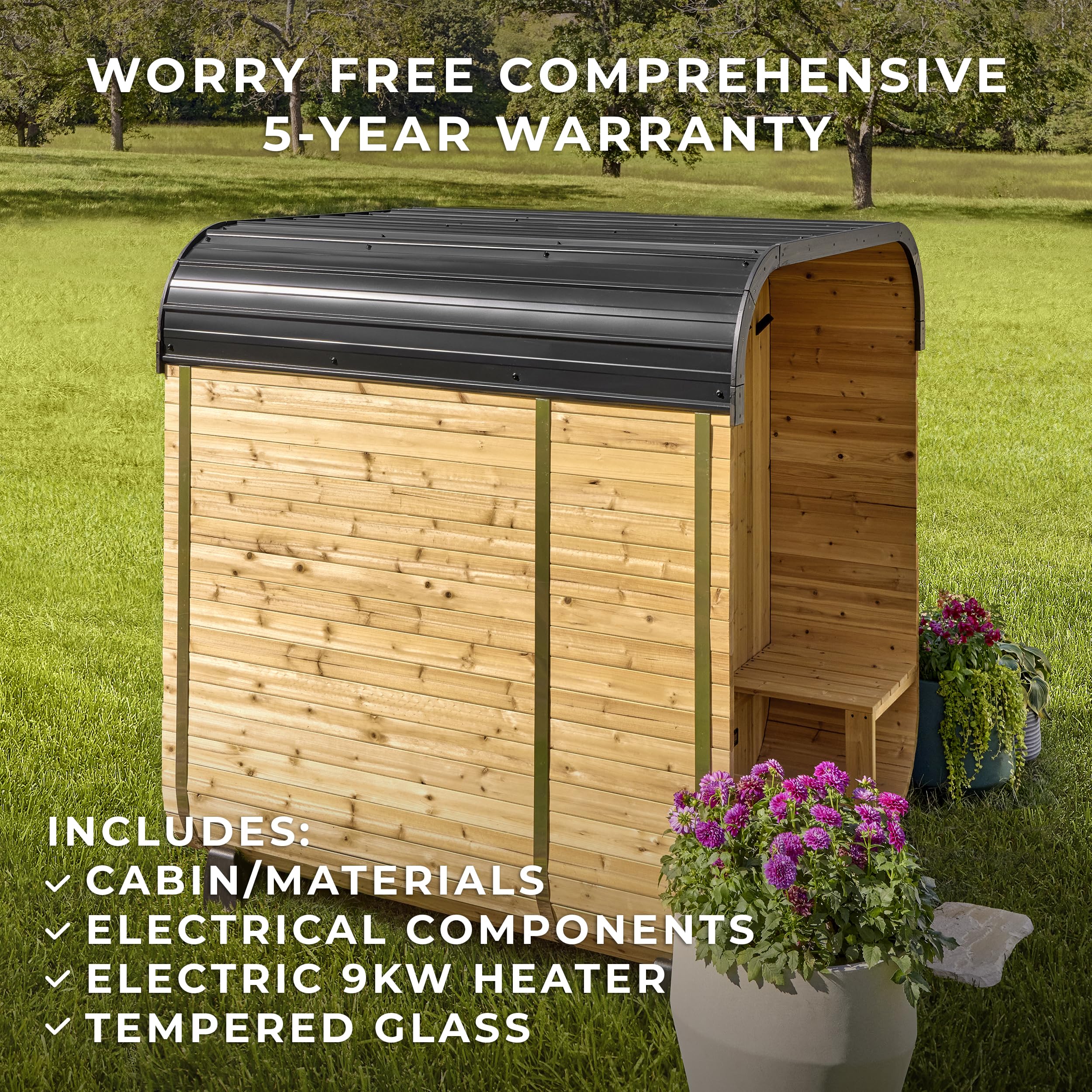 Backyard Discovery Lennon 2-4 Person Traditional Cedar Outdoor Cube Sauna with Porch, Electric Sauna Heater, Sauna Rocks, Dry Heat, Steam Sauna, LED Lights, Wi-Fi Control, Sauna Accessories