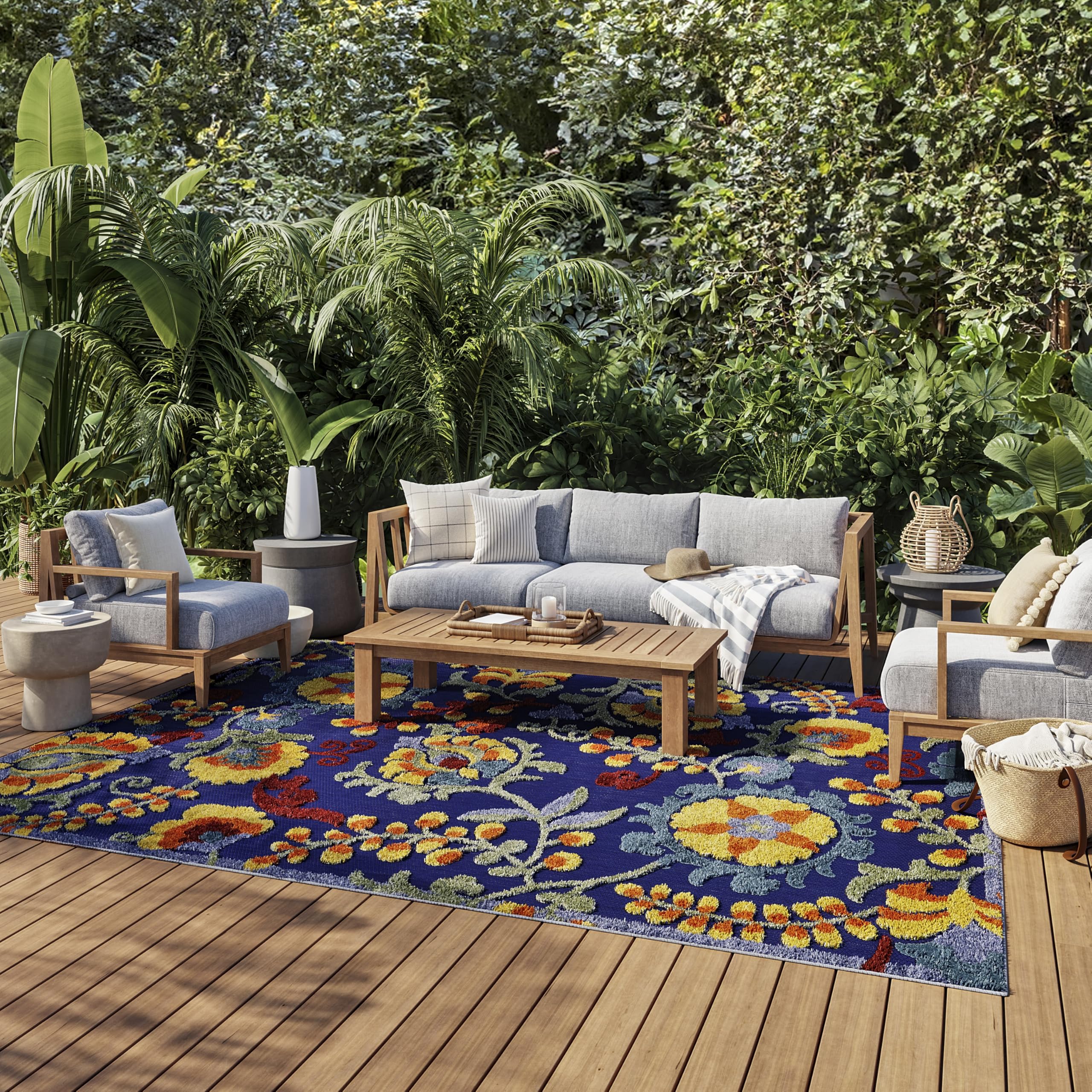 Nourison Home Aloha Navy Multicolor 9' x 12' Area Rug - Easy Clean, Non Shedding, Bed Room, Living Room, Dining Room, Kitchen (9' x 12')