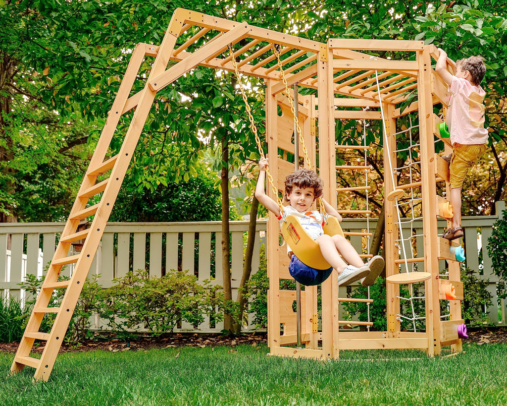 Avenlur Hawthorn 9-in-1 Outdoor Activity Center | Swing, Rock Wall, Monkey Bars | Ages 3-11 | Pine Wood Construction | Climbing Rope, Net Wall | Strength, Coordination, and Imagination-Boosting Fun
