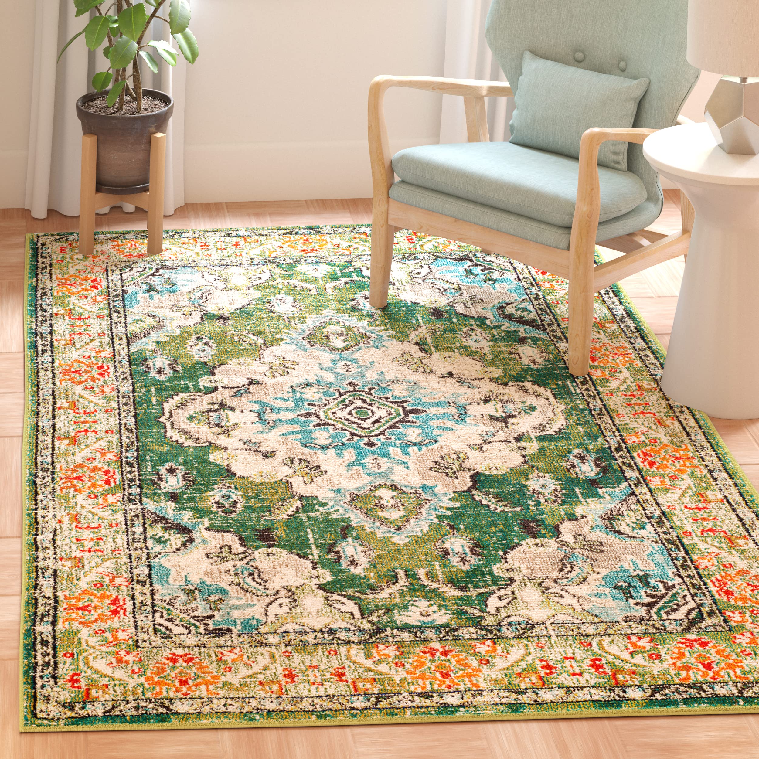 SAFAVIEH Monaco Collection Area Rug - 9' x 12', Forest Green & Light Blue, Non-Shedding & Easy to Clean, Distressed Medallion Design, Ideal for Living Room, Bedroom, Dining Space (MNC243F)
