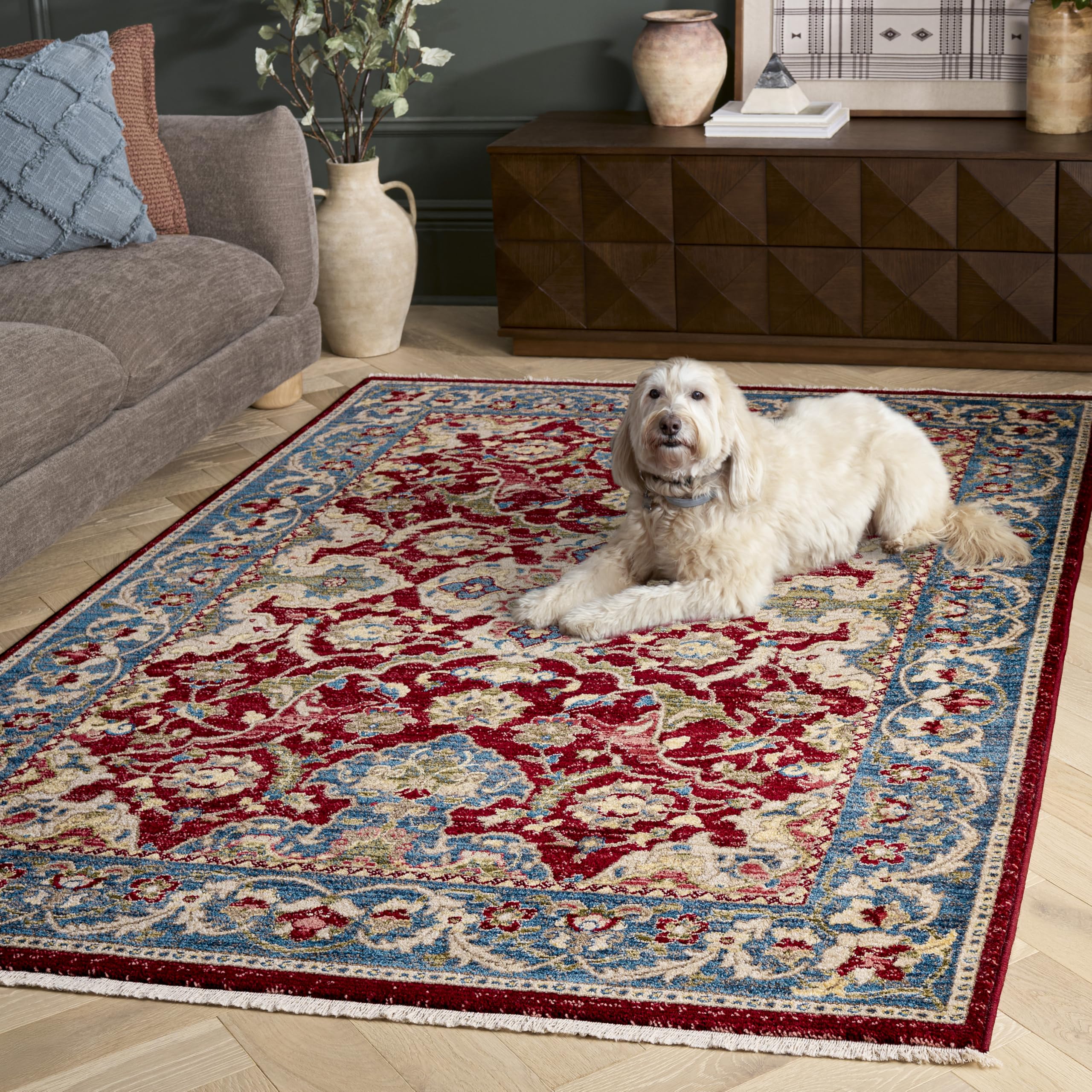 SAFAVIEH Area Rug 8x10 - Kashan Collection - Large - Red & Blue, Traditional Oriental Design, Non-Shedding & Easy Cleaning, Ideal for Living Room, Bedroom, Office, Dining Space (KSN307Q)
