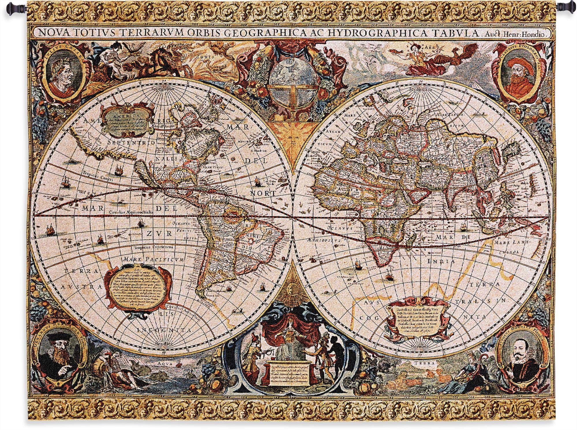 Antique Old World Map Geographica by Jan Janssonius | Woven Tapestry Wall Art Hanging | Beautiful Rustic Globe with Luxurious Mythology Designs | 100% Cotton USA Size 67x53