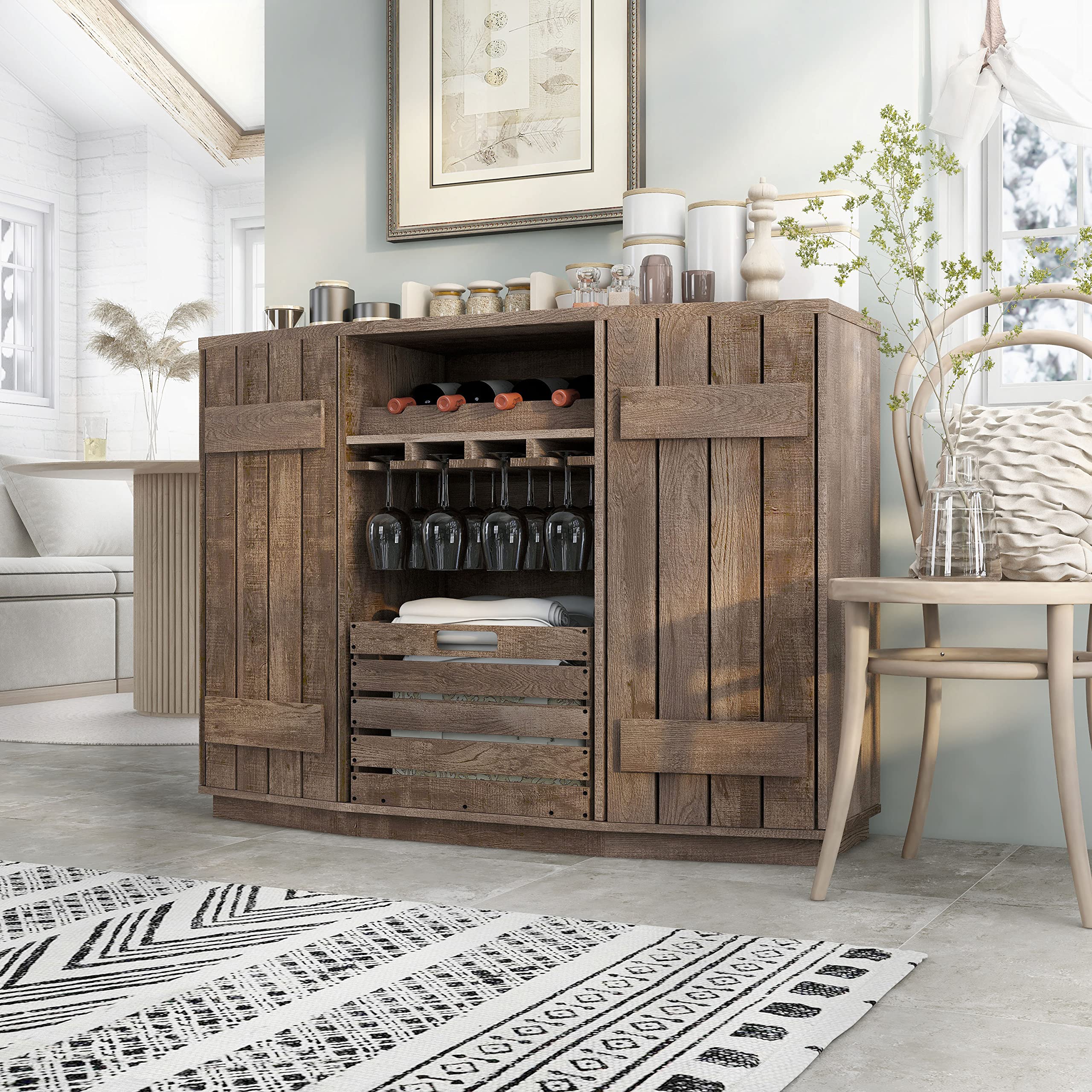 Homes: Inside + Out Lopez Farmhouse 2 Side Cabinets, 3 Shelves 48 in. Buffet with Removable Crate and Four Bottles Wine Rack, Sideboard for Kitchen, Dining Room, Reclaimed Oak Brown