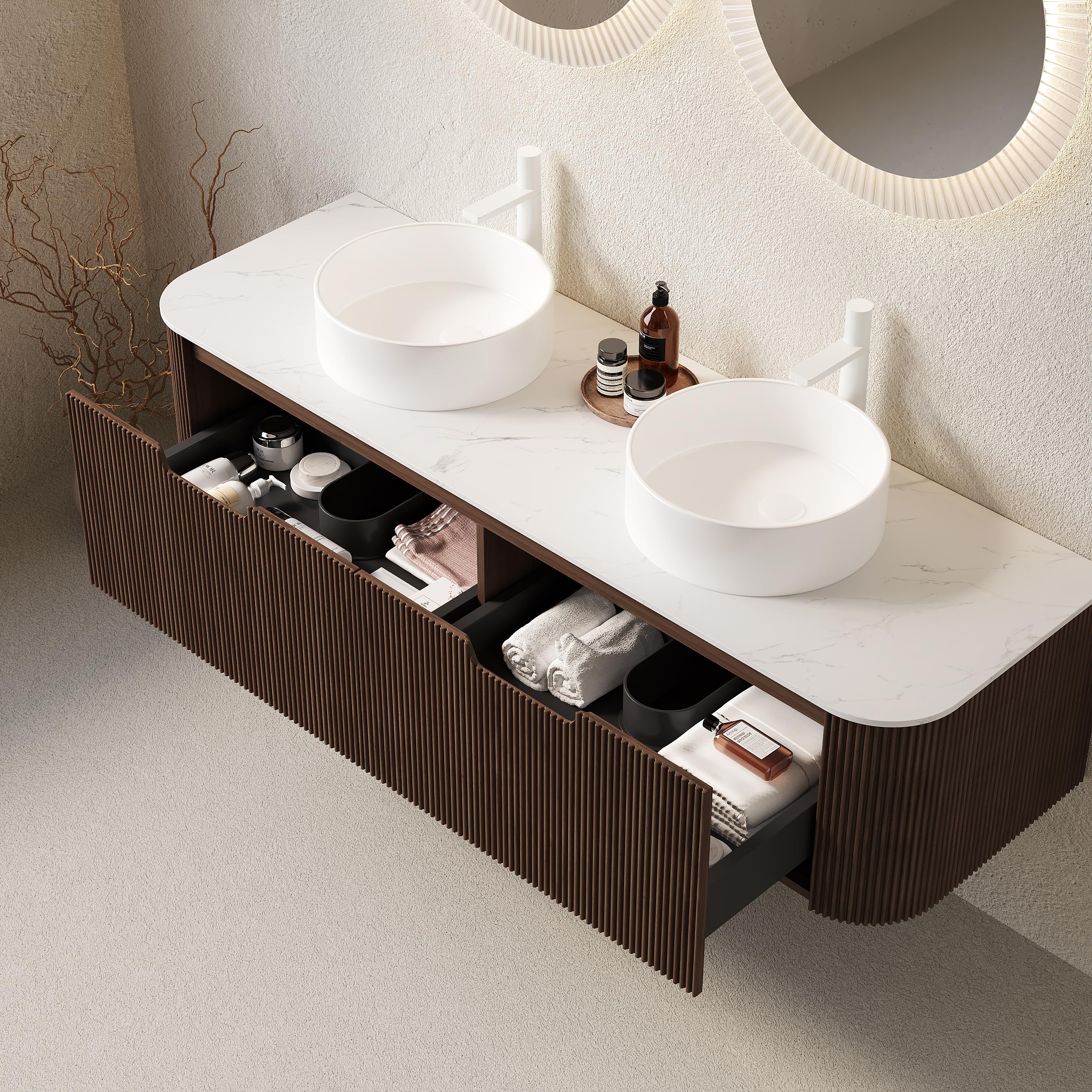 KEIKI 60" Floating Bathroom Vanity with Sink, Double Basin Wall Vanity Cabinet with Curved Edges, 2 Soft-Close Drawers, Pre-Assembled Bathroom Storage Vanity, Walnut
