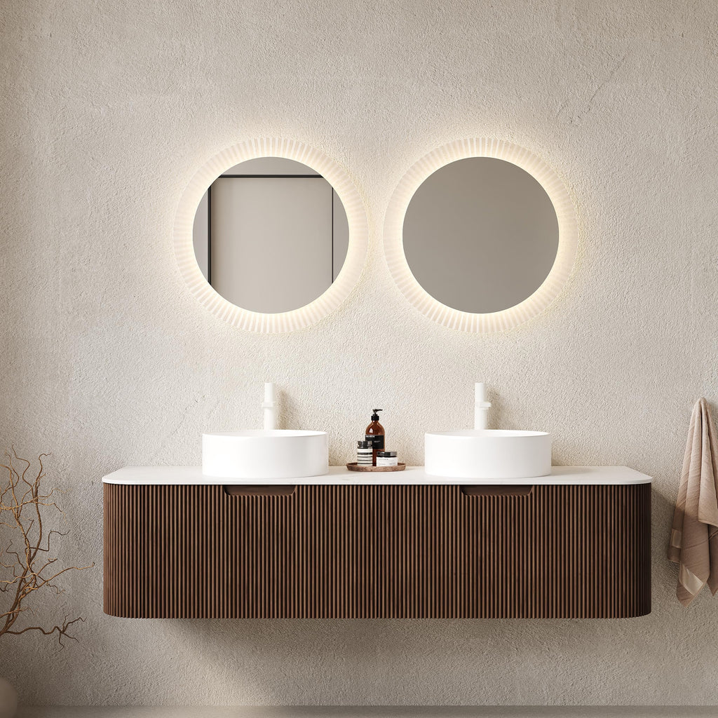 KEIKI 60" Floating Bathroom Vanity with Sink, Double Basin Wall Vanity Cabinet with Curved Edges, 2 Soft-Close Drawers, Pre-Assembled Bathroom Storage Vanity, Walnut