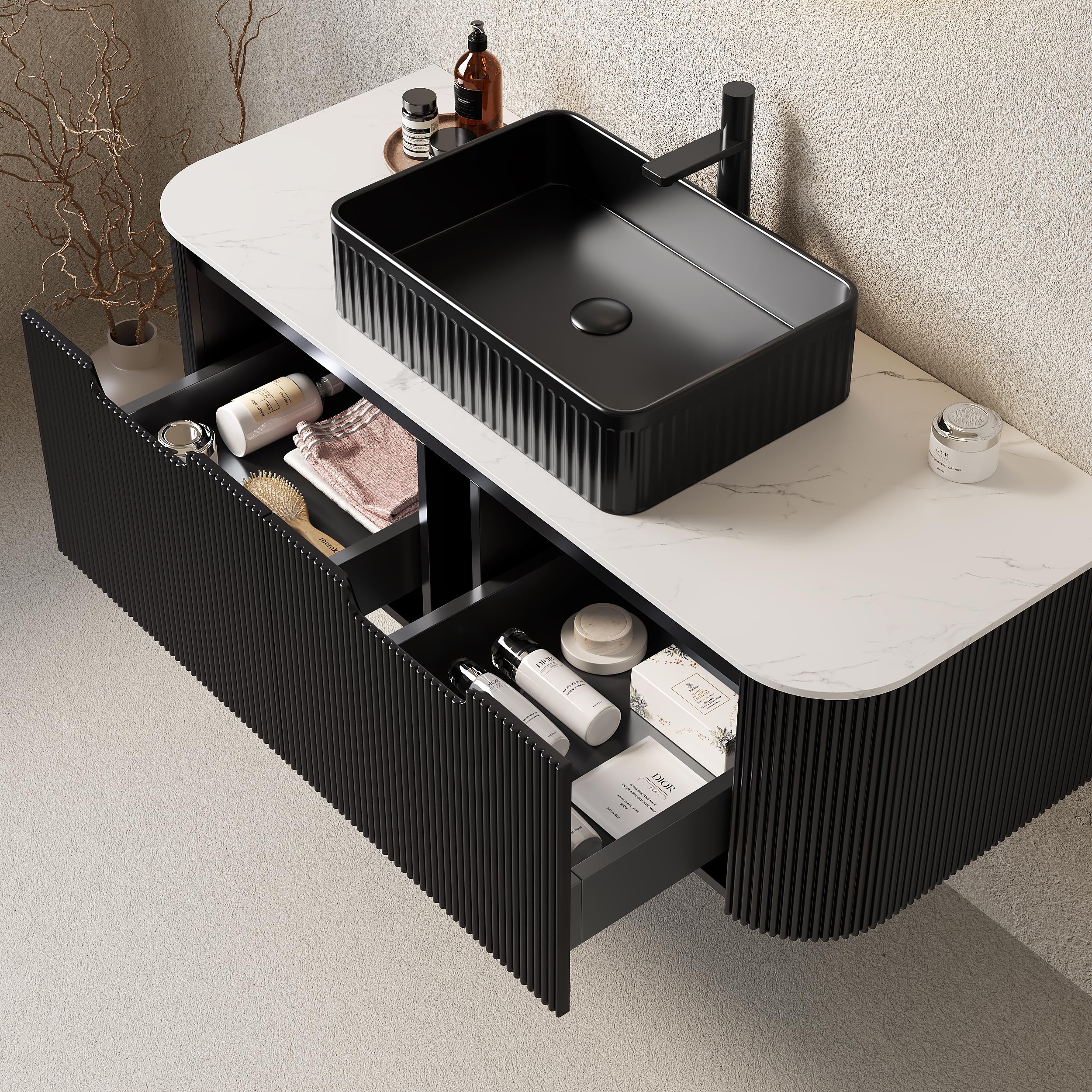 GDFStudio 48" Floating Bathroom Vanity with Sink, DINA Wall Mounted Curved Cabinet, Carrara White Sintered Stone Top, Double Drawer Storage, 3D Striped Finish, Modern Black Rectangular Ceramic Basin