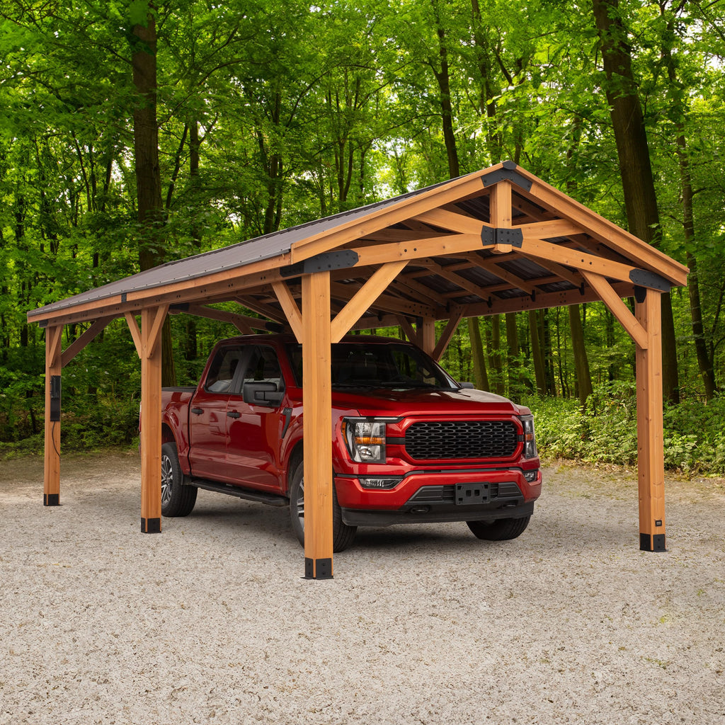 Backyard Discovery Norwood 24' x 12' Cedar Wood Outdoor Gazebo Pavilion with Hardtop Galvanized Steel Peak Roof, Snow Support, Wind Resistance, PowerPort, Shade for Garden, Patio, Deck, Entertaining