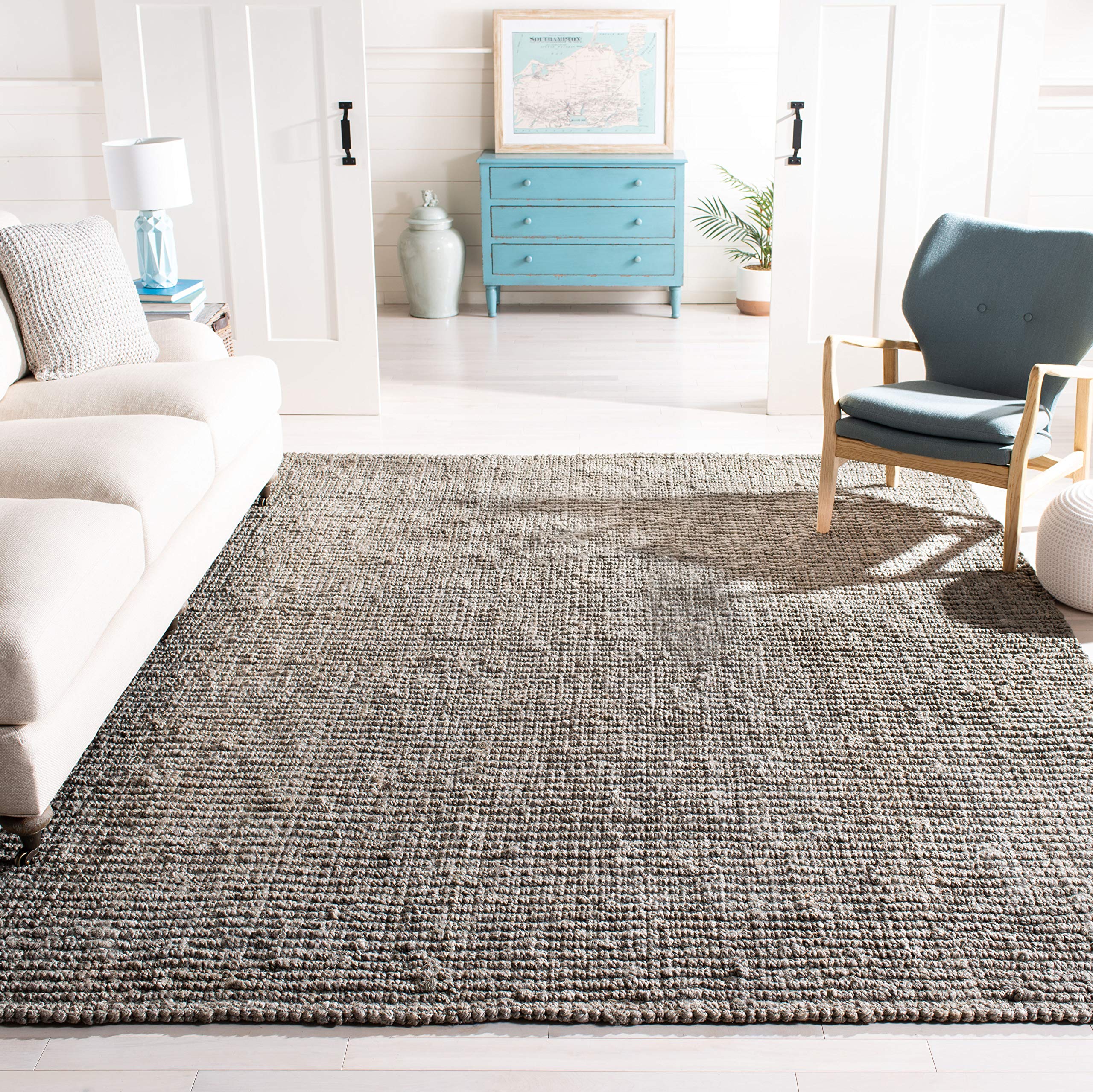 SAFAVIEH Area Rug 10' Square - Natural Fiber Collection - Large - Light Grey, Handmade Jute, Farmhouse Style, Chunky Textured Thick Pile (NF447G)