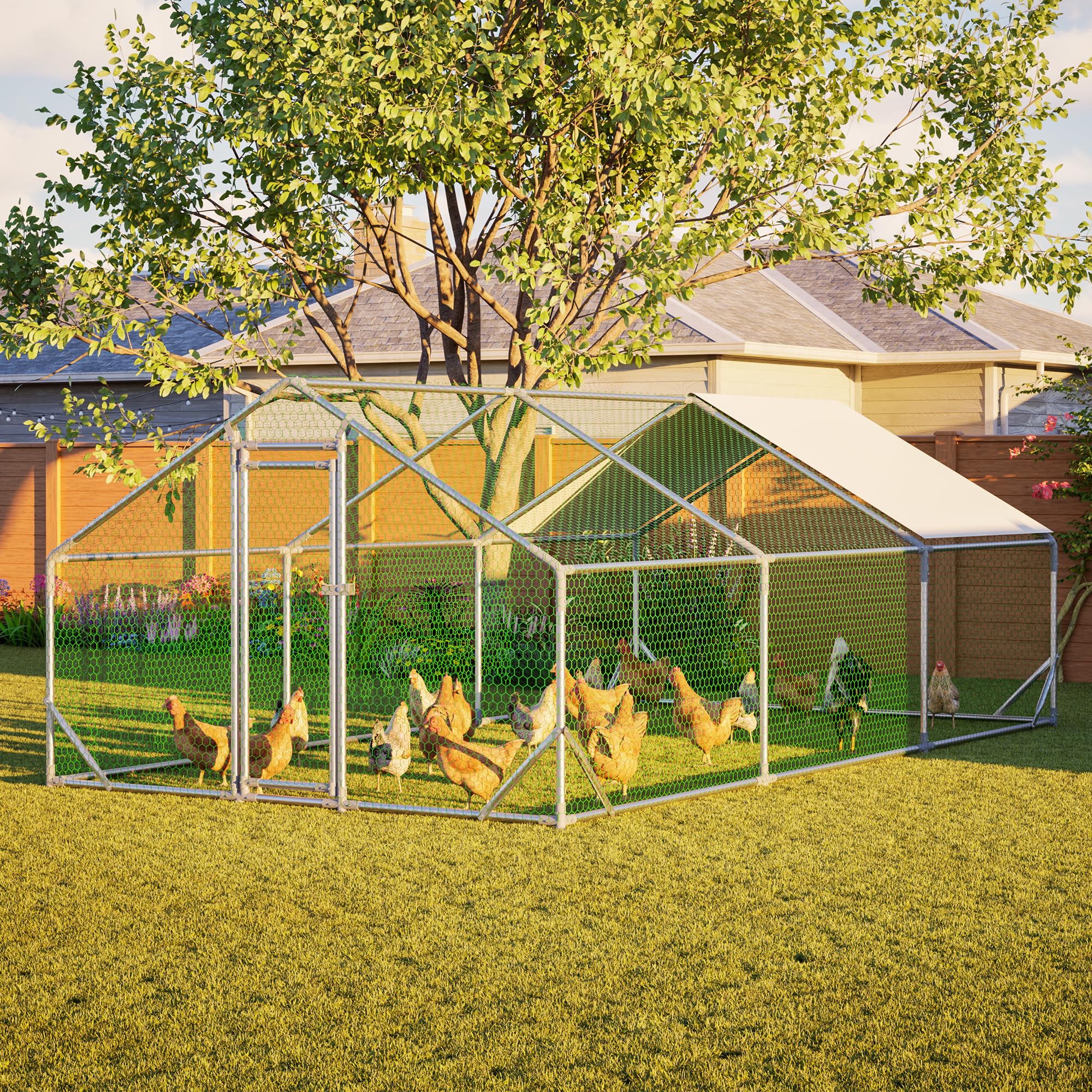 YOPTO Chicken Coop,10x20x6.56ft Large Metal Chicken Coop with Run,Walk in Chicken Run W/Removable Waterproof & Anti-Ultraviolet Cover,Chicken Pen W/Security Lock,Hen House Enclosure for Farm,Yard