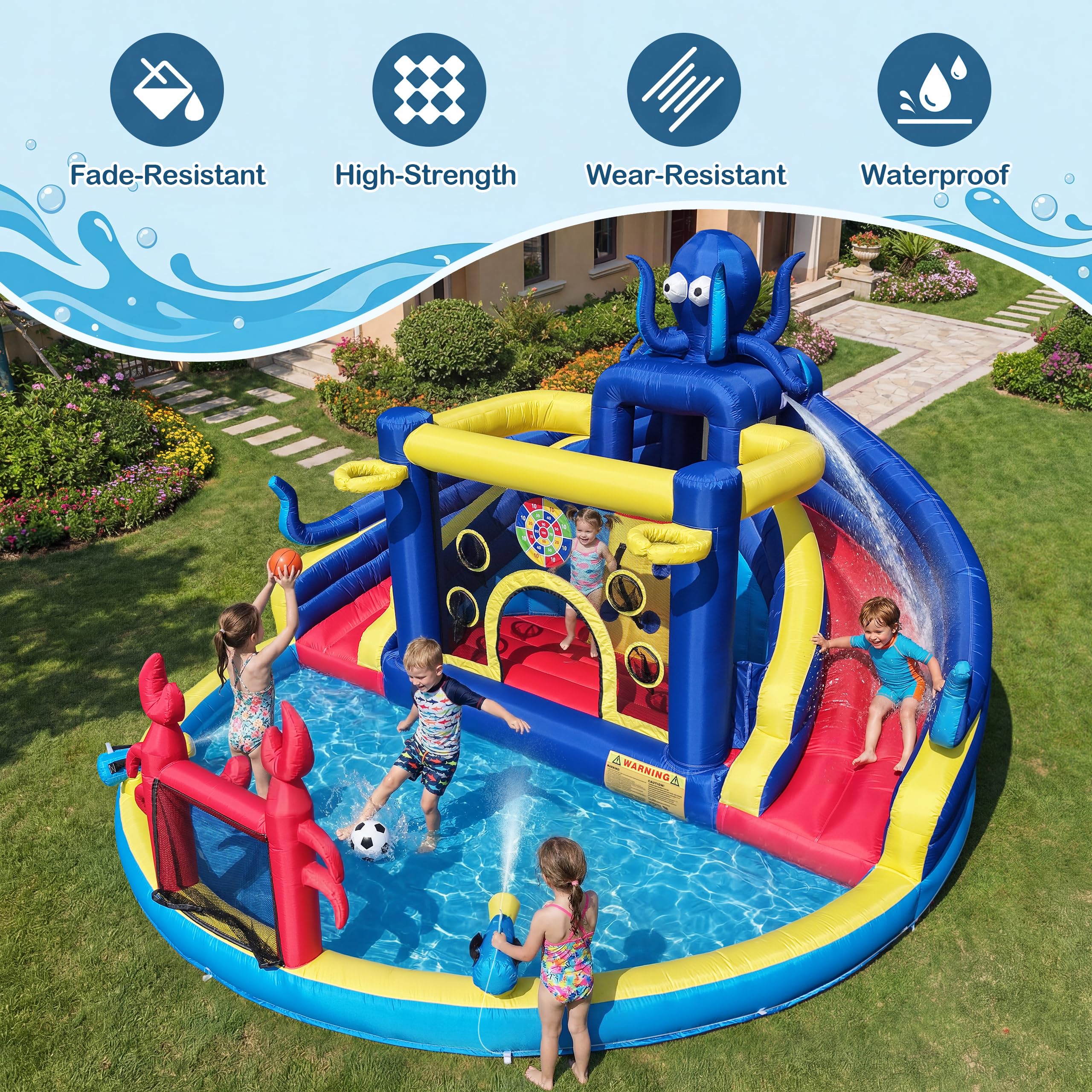 TOAOB Inflatable Water Slide for Kids 3-12: Blow Up Backyard Water Park with 550W Blower- 8 in 1 Octopus-Themed with 2 Slides for Outdoor Birthday Party