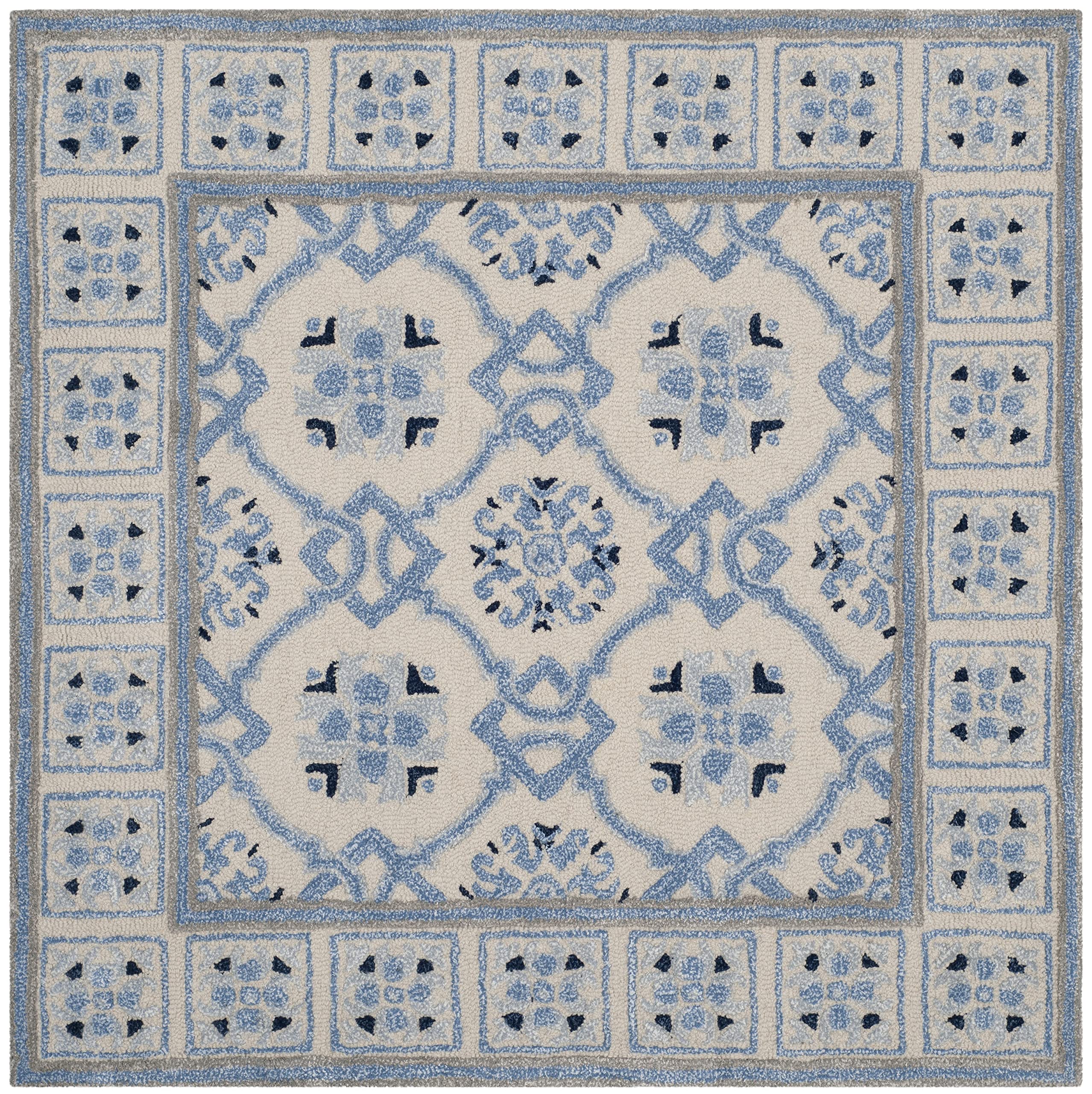 SAFAVIEH Bella Collection Area Rug - 7' Square, Ivory & Blue, Handmade Wool & Viscose, Ideal for High Traffic Areas in Living Room, Bedroom (BEL155A)