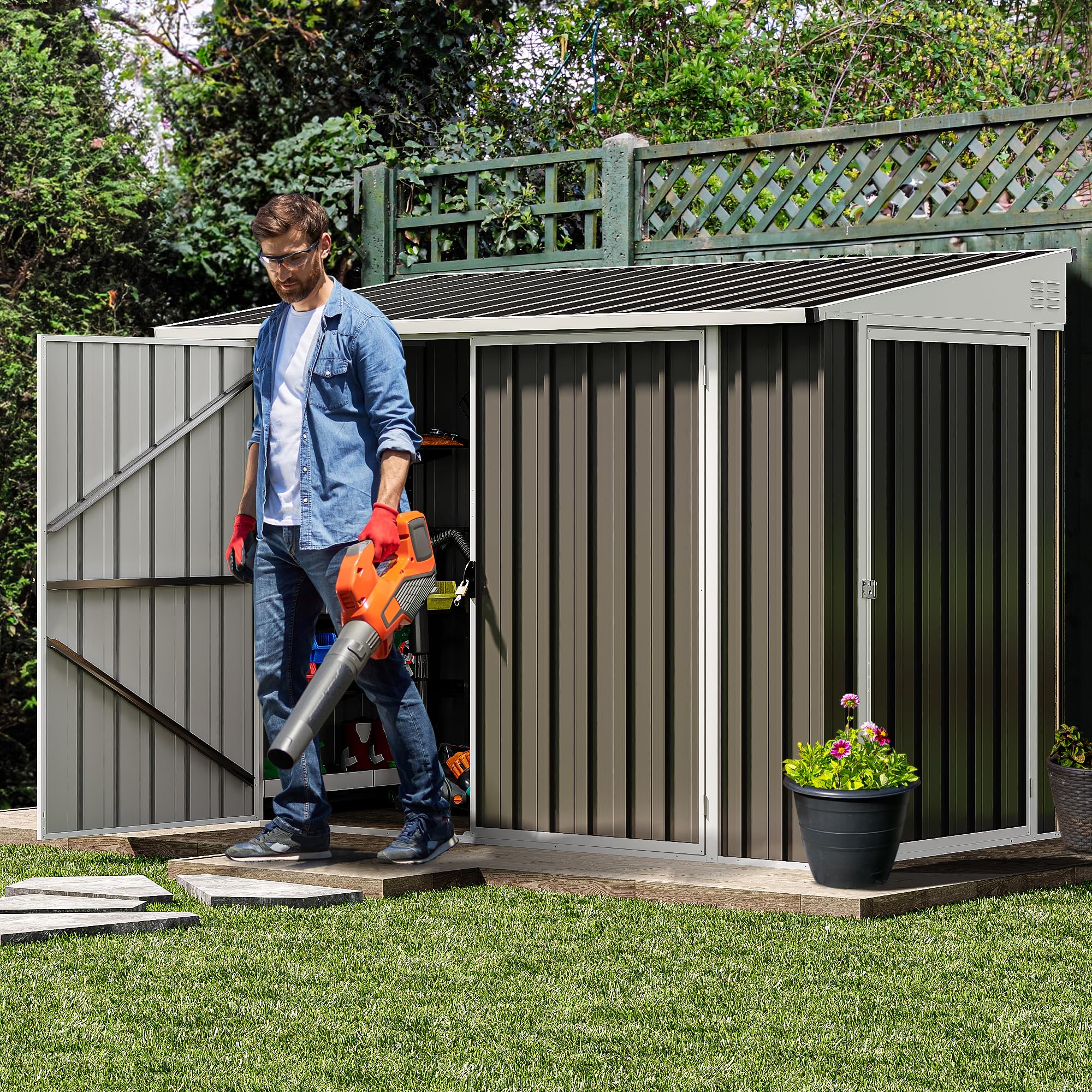 DWVO 7x4 FT Outdoor Weatherproof Storage Shed, Secure Metal Bike Shed w/Lockable Entry, Garden Storage Solution for Lawn Equipment, Tools, Waste Bin, Dark Gray
