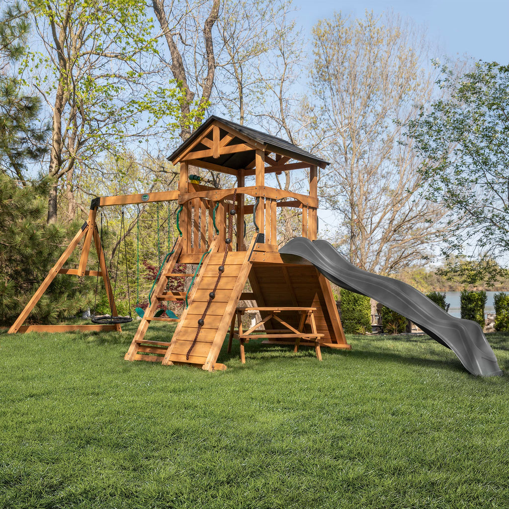 Backyard Discovery Endeavor II Cedar Wood Swing Set with Wave Slide, Play Deck, Double Rock Wall, Picnic Table, Climbing Wall, Belt Swings, Web Swing, Toy Telescope, Step Ladder, Outdoor Playset