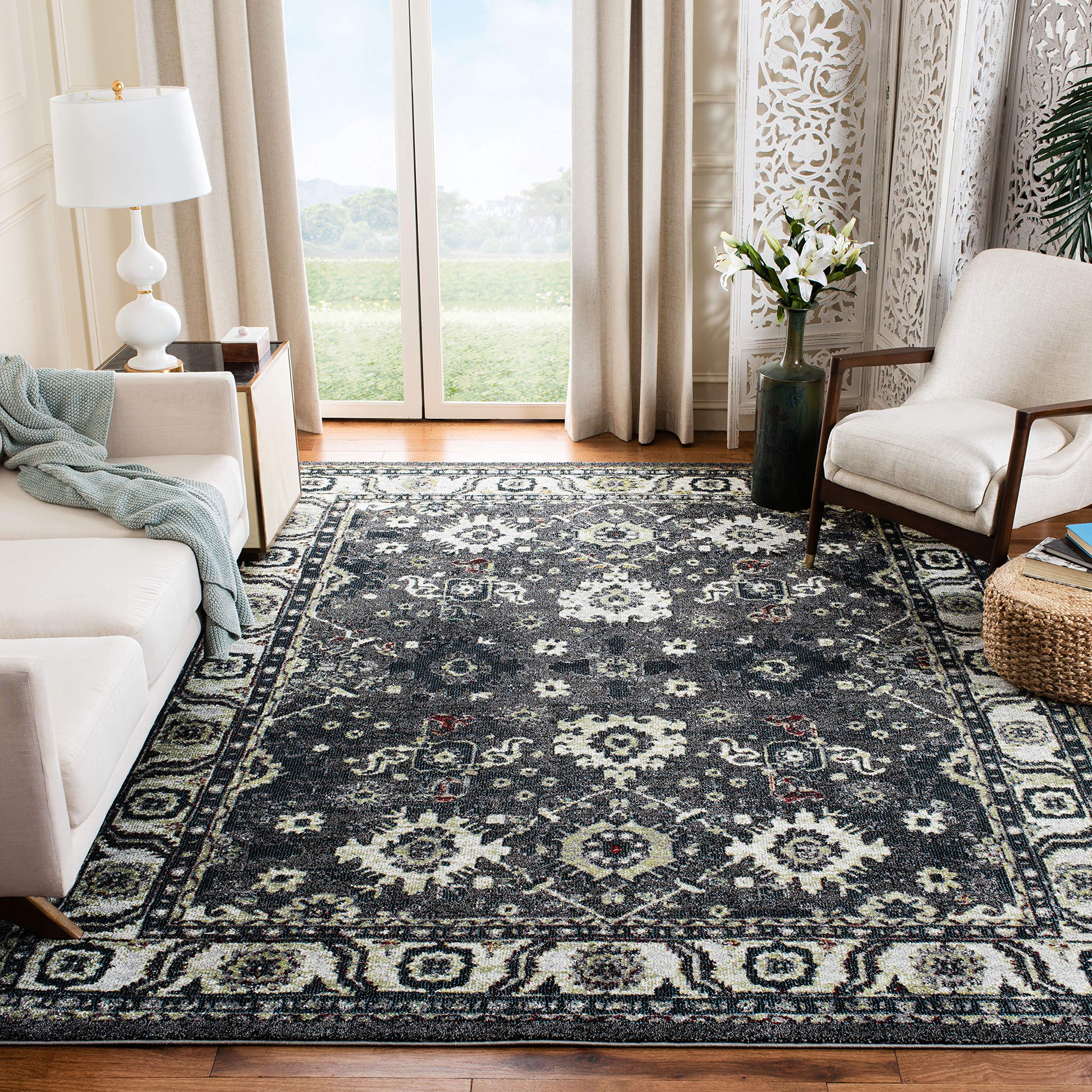 SAFAVIEH Area Rug 8x10 - Vintage Hamadan Collection - Large - Dark Grey & Ivory, Traditional Persian Design, Non-Shedding & Easy to Clean, Ideal for Living Room, Bedroom, Dining Space (VTH214M)