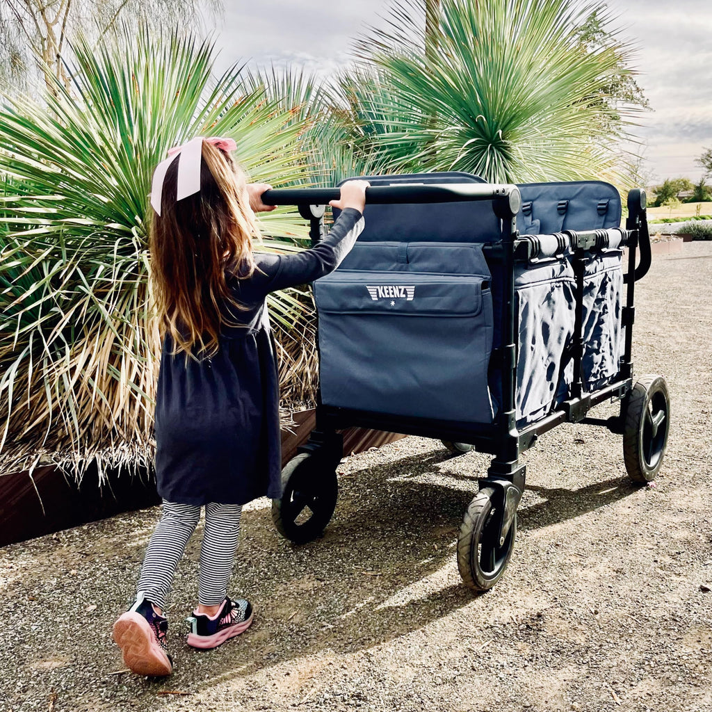 Keenz MOOV 4-Passenger All-Terrain Stroller Wagon with Reclining Seats, Built-in Cooler, Push/Pull Handle, Rubber Wheels, and Activity Tray – Foldable Wagon for Four Kids, Blue