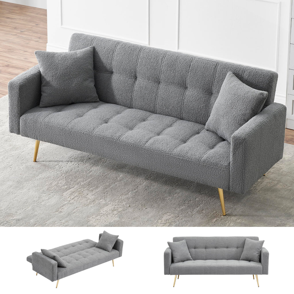 KEIKI 72" Folding Futon Sofa Couch w/Adjustable Backrest, Mid Century Modern Loveseat Convertible to Sleeper Bed, Small Comfy Teddy Cloud Couch SofaBed for Living Room & Bedroom, 2 Pillows, Gray