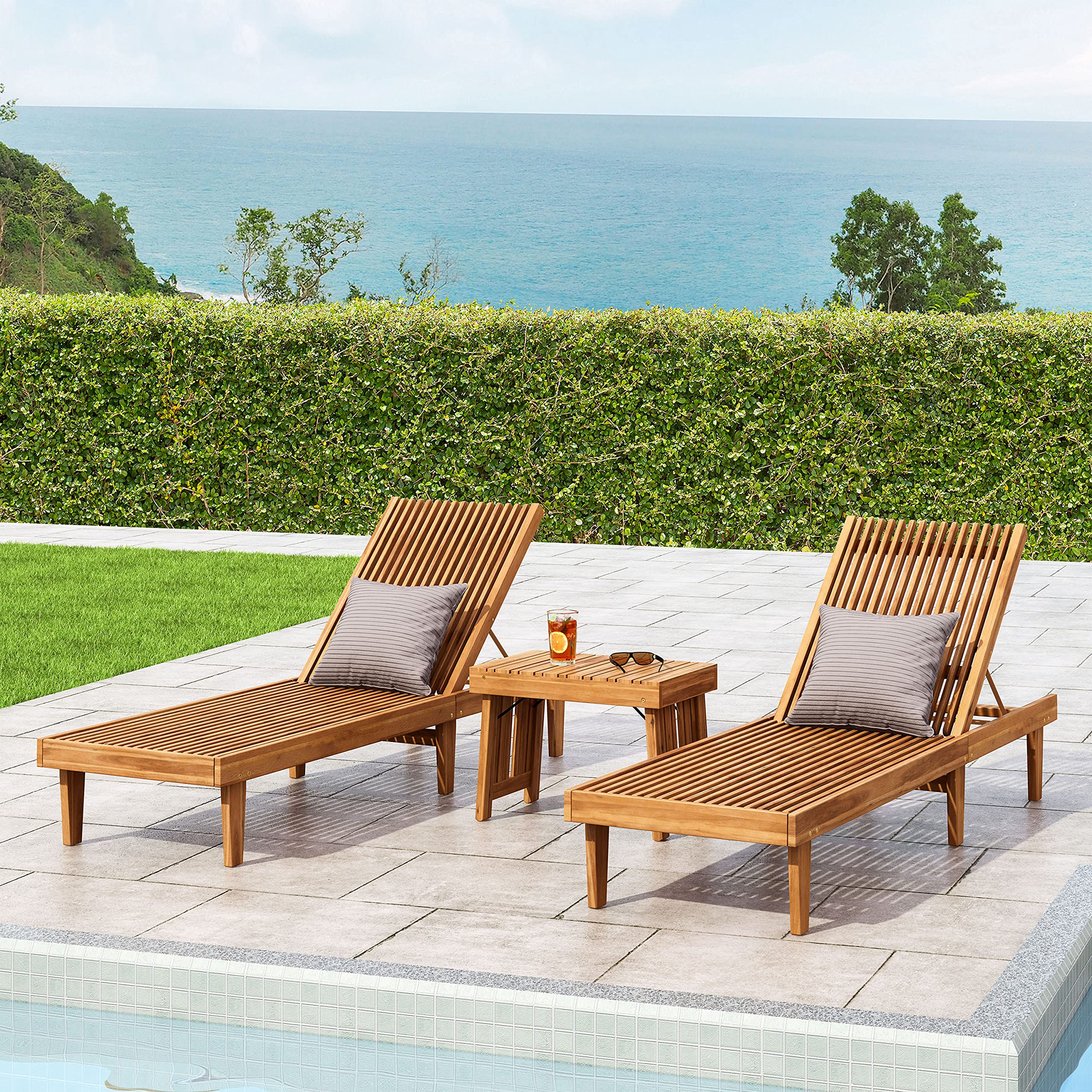 Christopher Knight Home Vernon Outdoor Acacia Wood Chaise Lounge Set, Teak Finish
